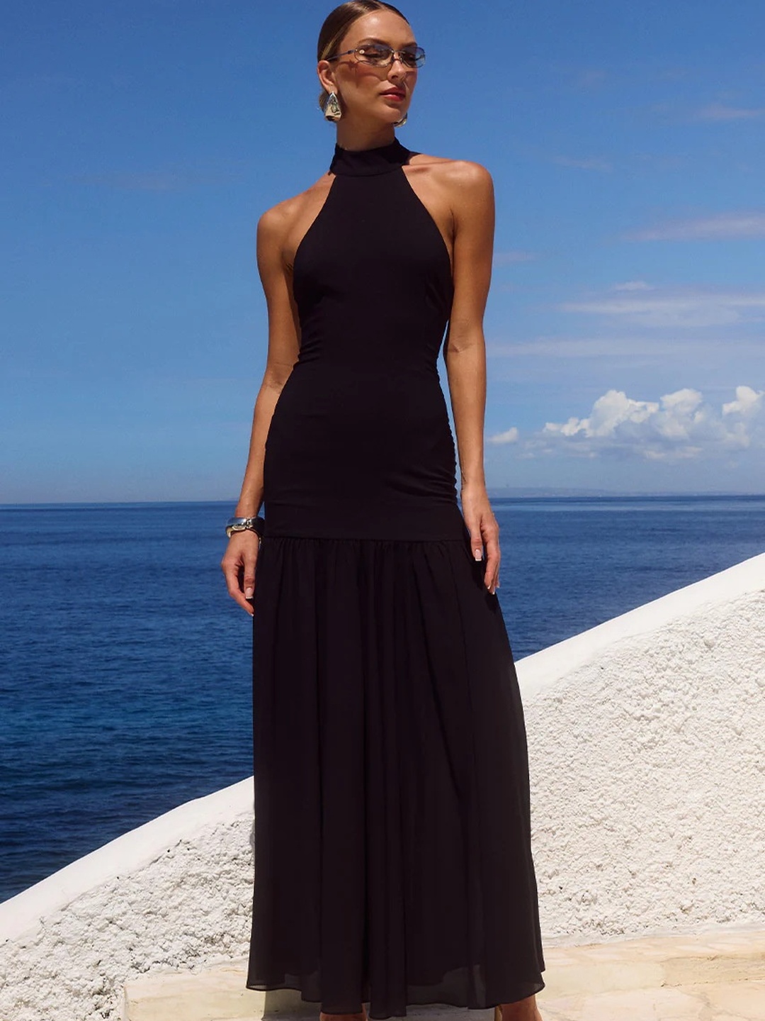 Black Halter Neck Flared Maxi Dress