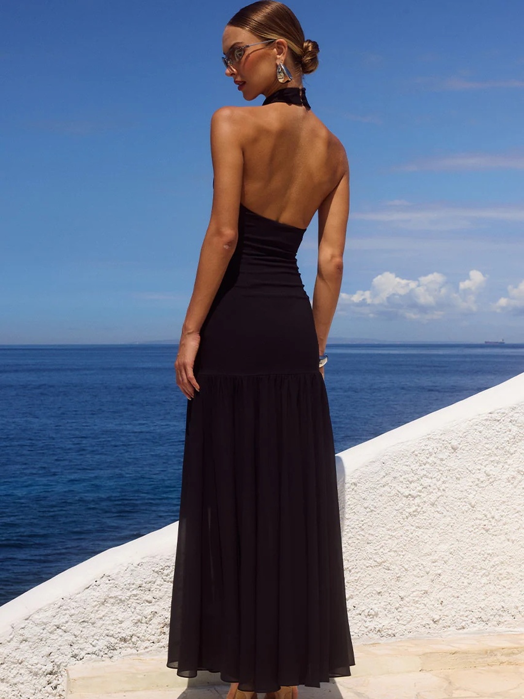 Black Halter Neck Flared Maxi Dress