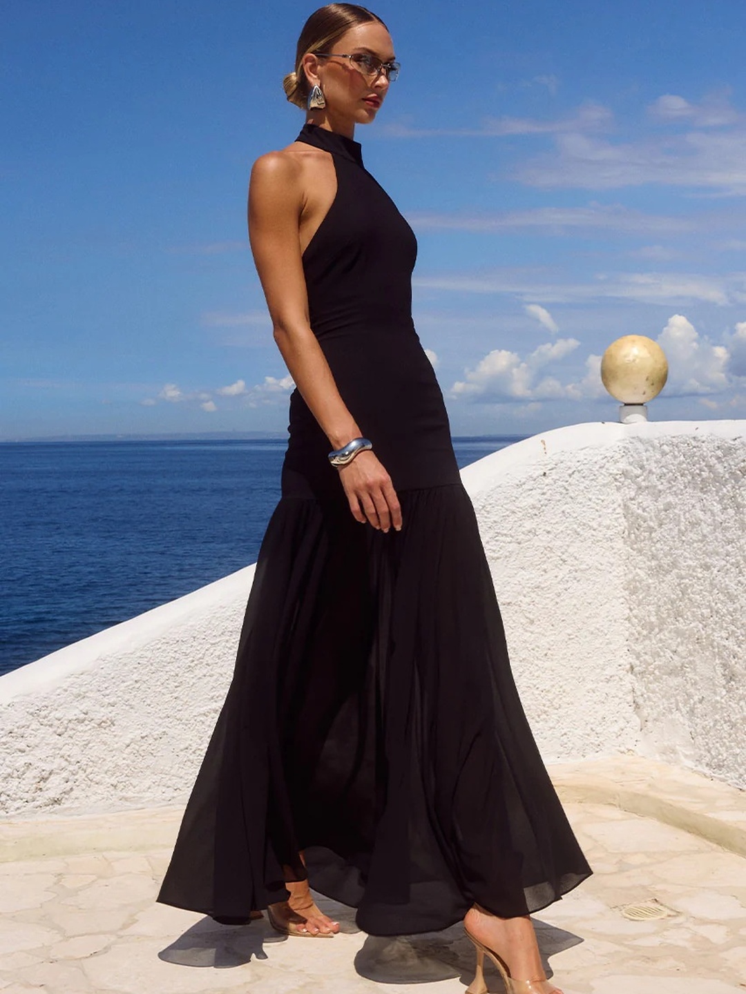 Black Halter Neck Flared Maxi Dress