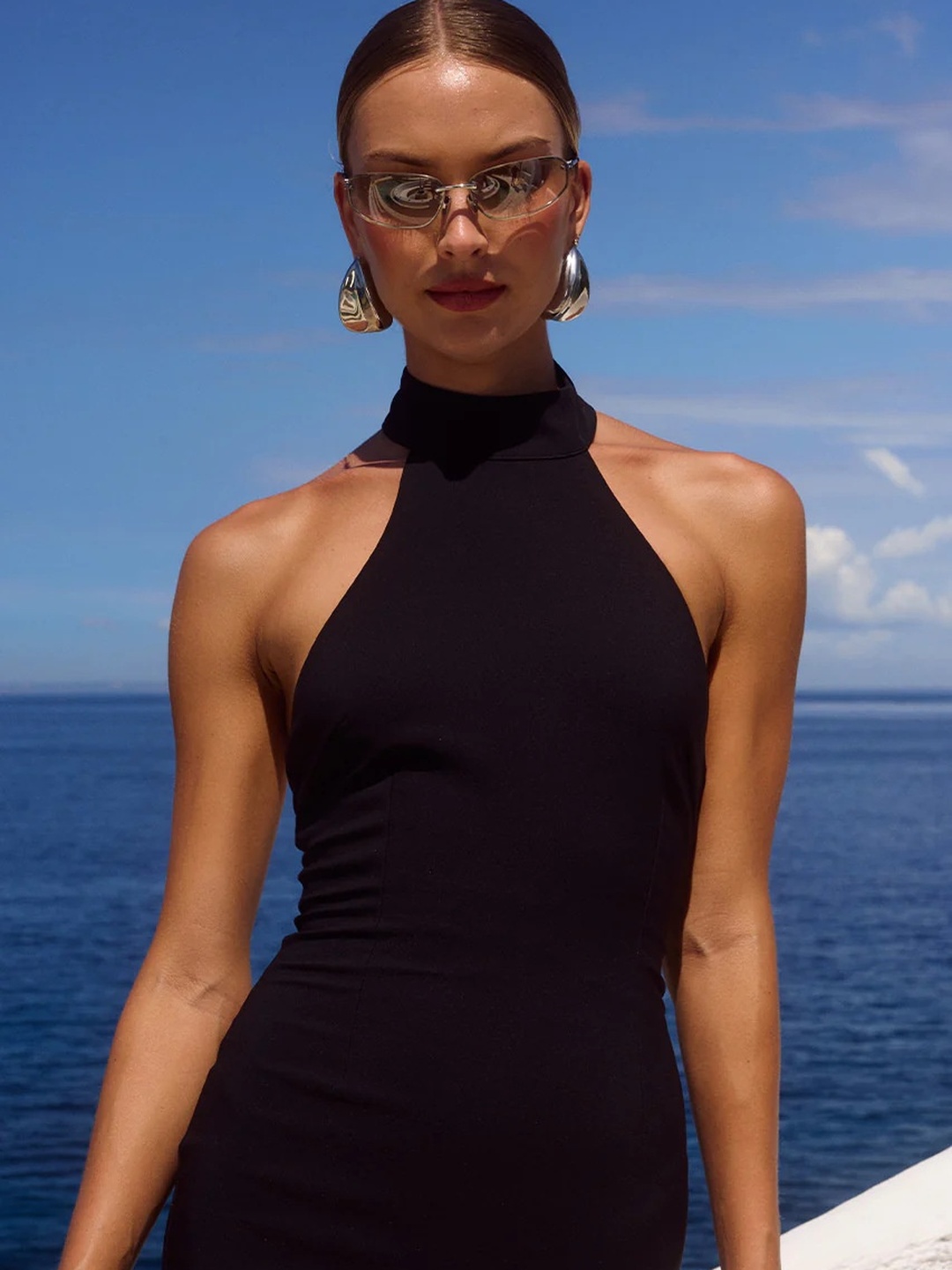 Black Halter Neck Flared Maxi Dress