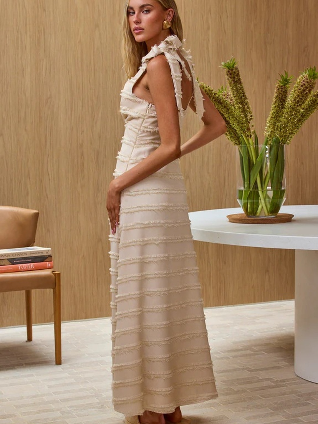 Cream Frayed Tie-Sleeve A-Line Maxi Dress