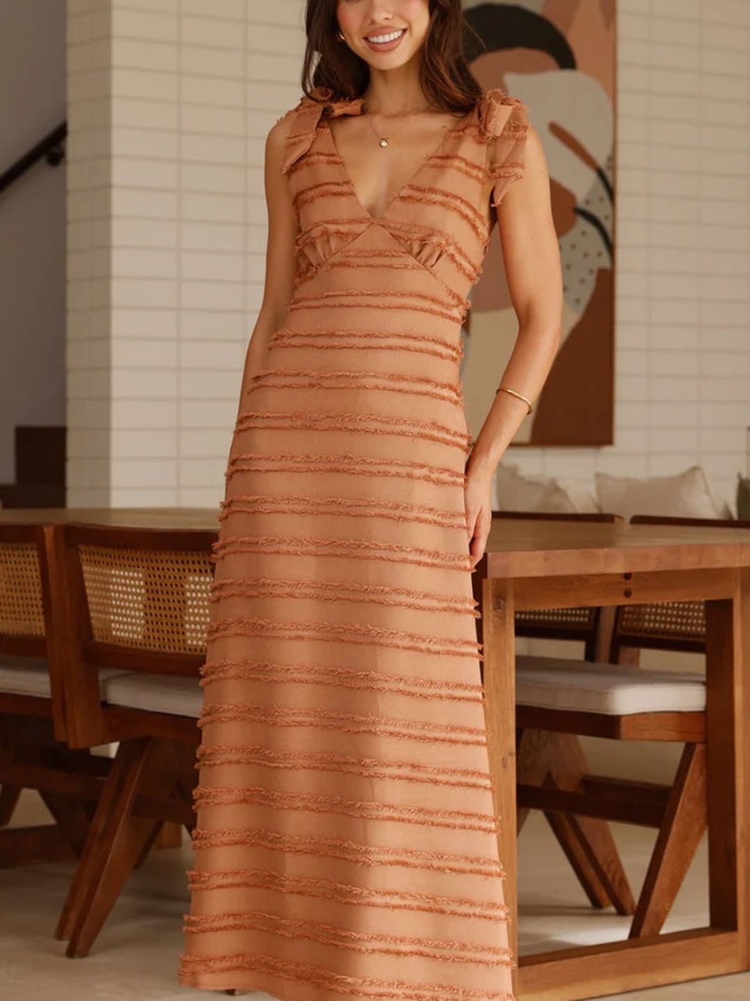 Brown Frayed Tie-Sleeve A-Line Maxi Dress