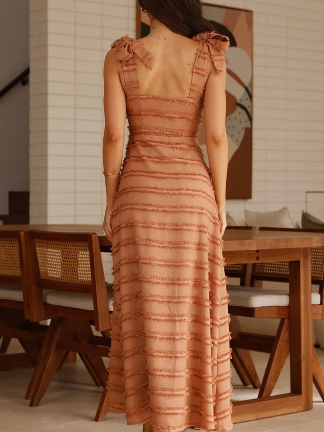 Brown Frayed Tie-Sleeve A-Line Maxi Dress