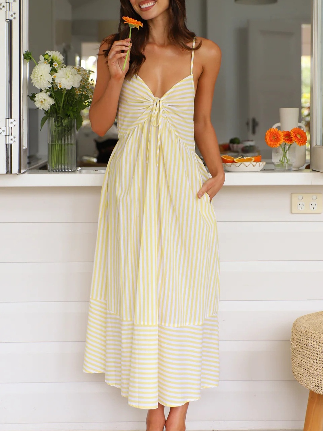 Yellow V Neck Striped A-Line Midi Dress