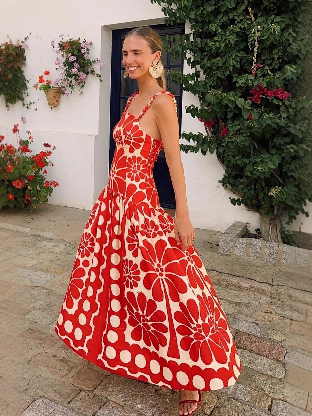 Red All Over Print Strappy Maxi Dress