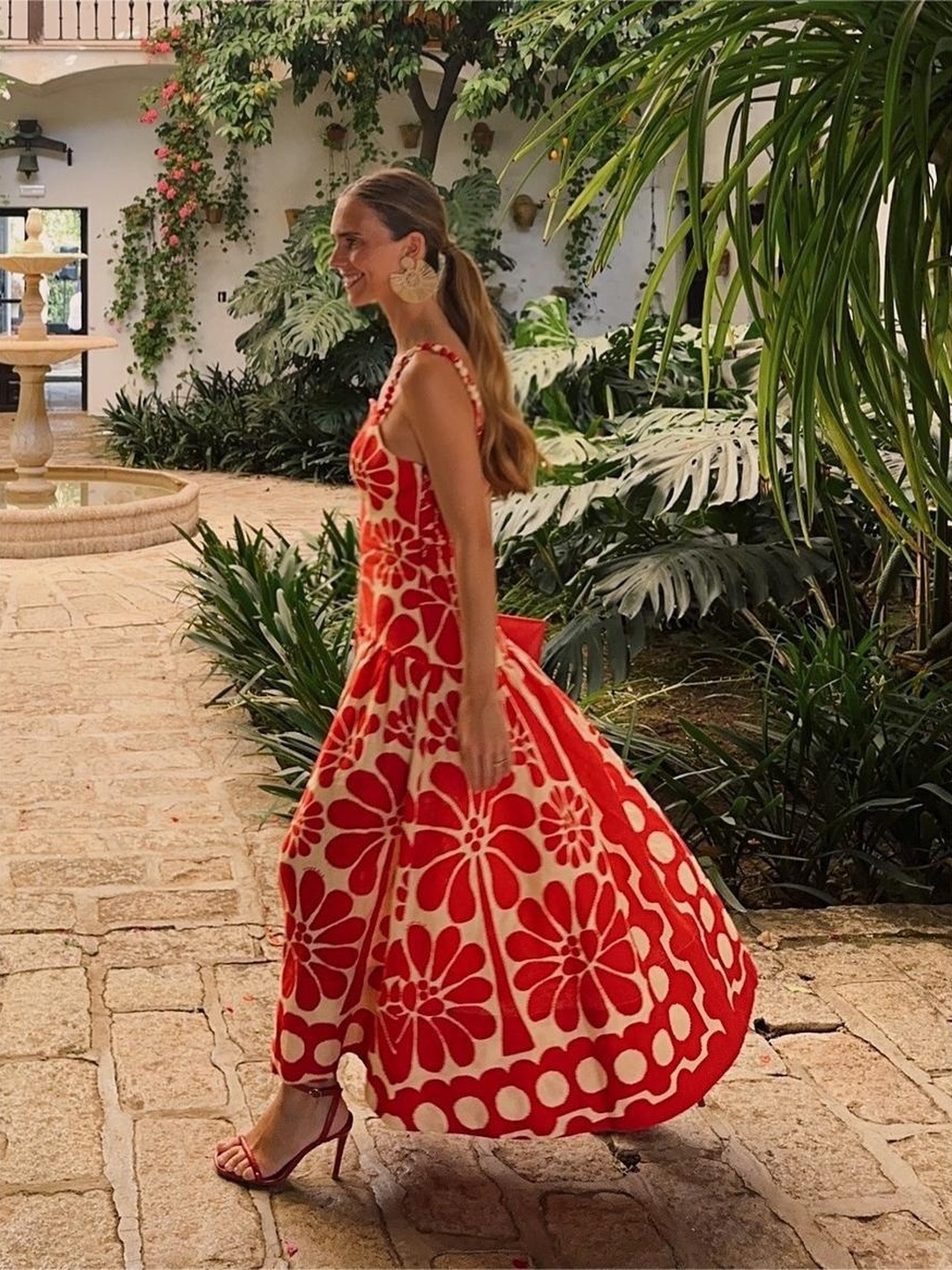 Red All Over Print Strappy Maxi Dress