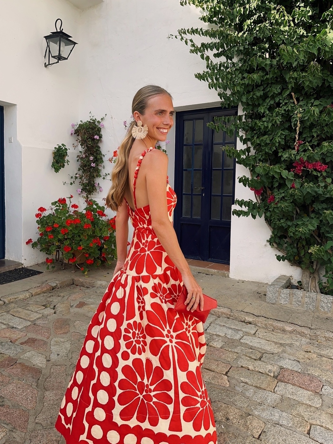 Red All Over Print Strappy Maxi Dress