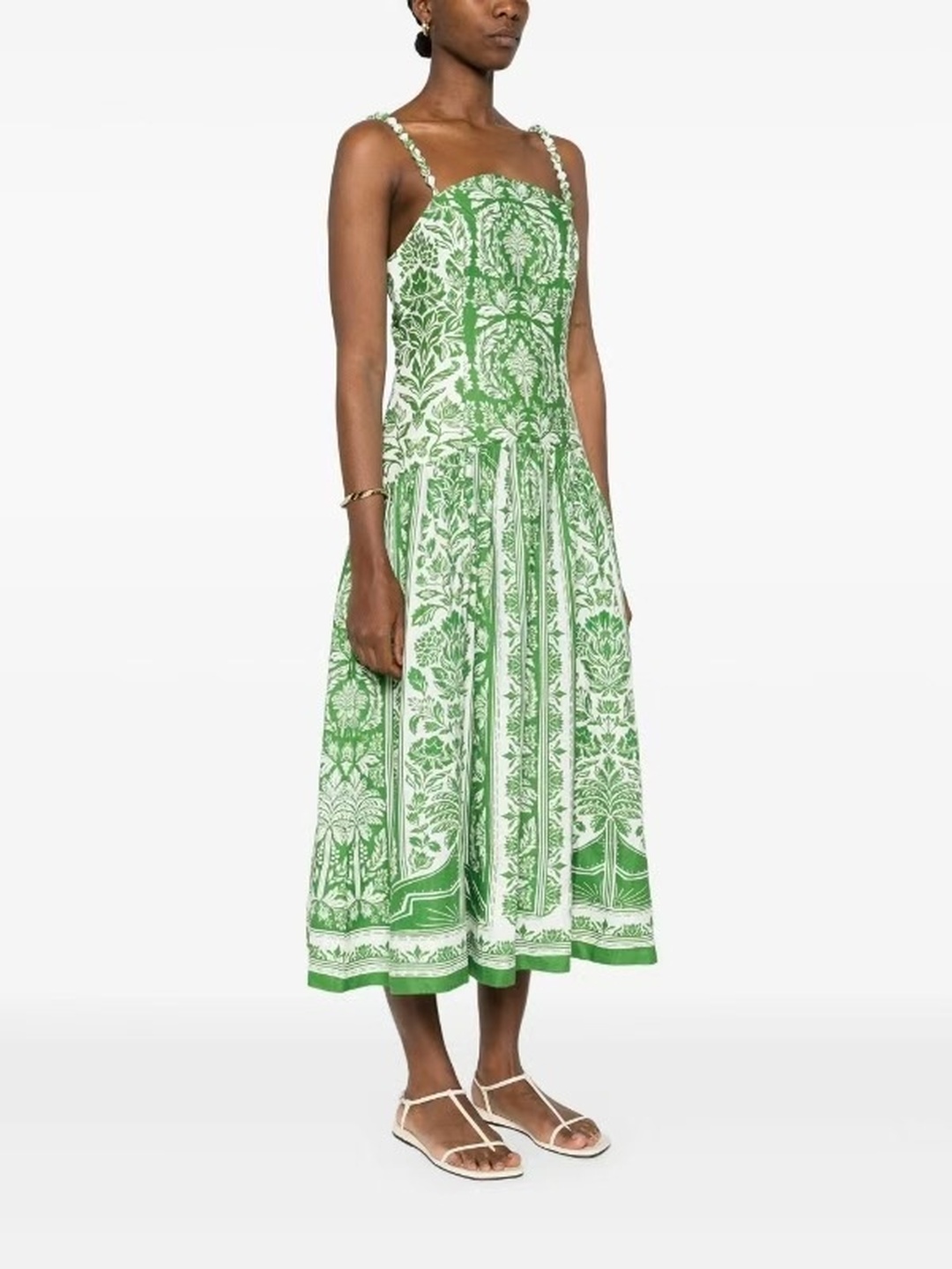 Green All Over Print A-Line Midi Dress