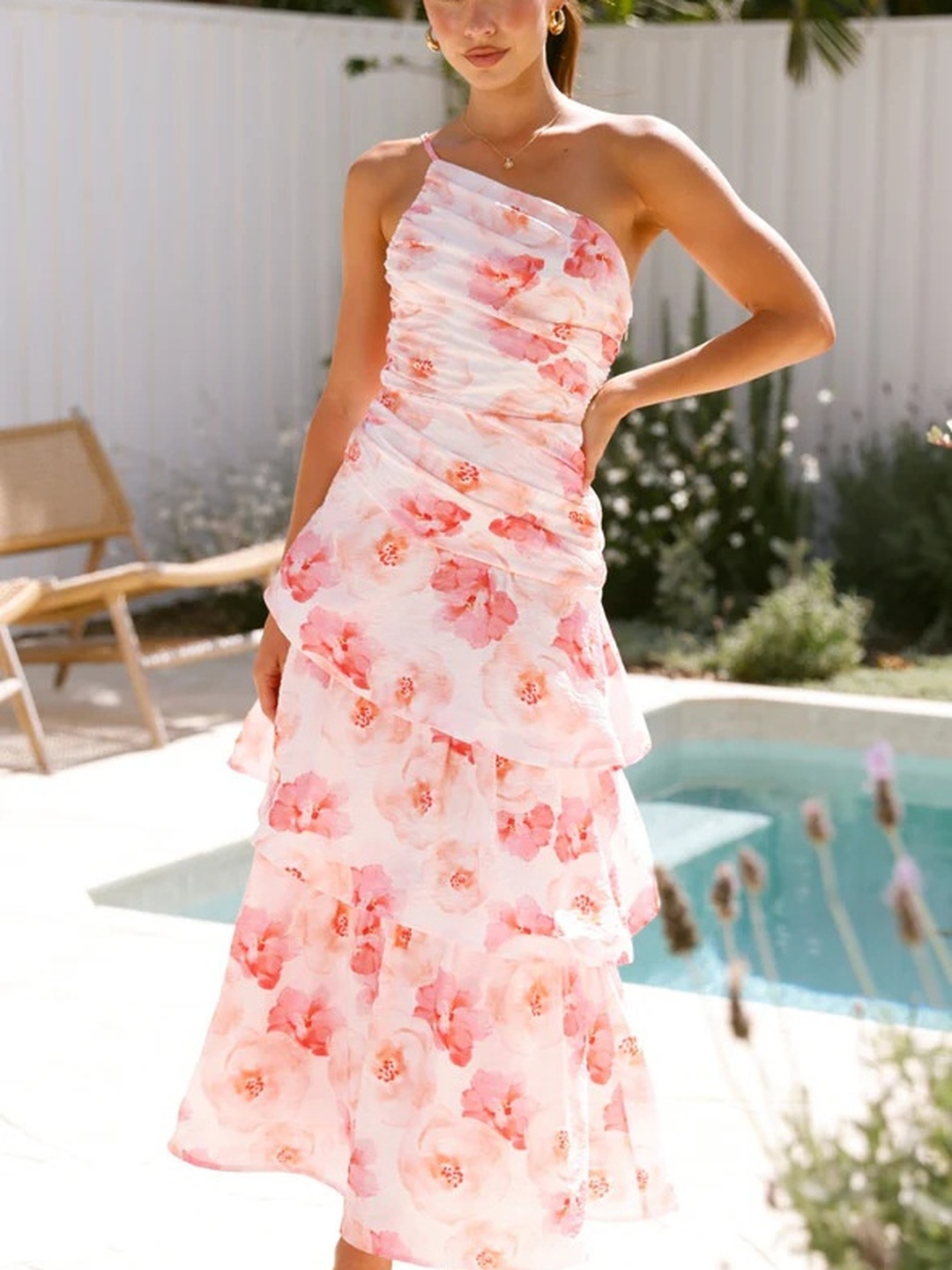 Pink Floral One Shoulder Layered Maxi Dress