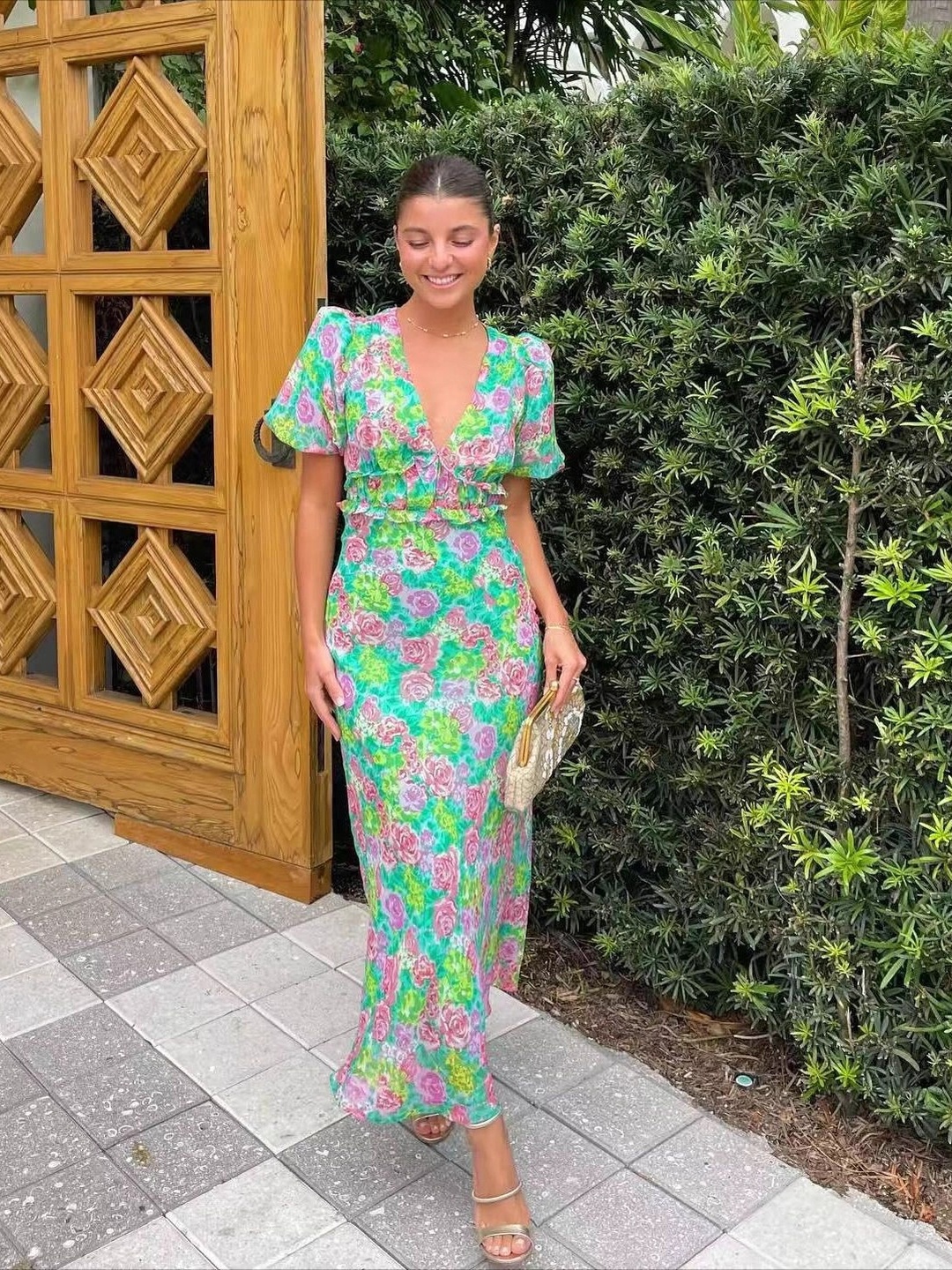 Green Floral Print Puff Sleeve Maxi Dress