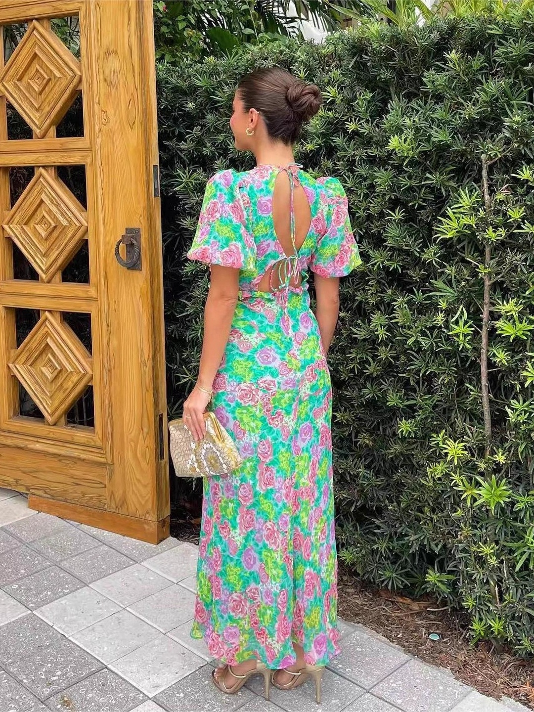 Green Floral Print Puff Sleeve Maxi Dress