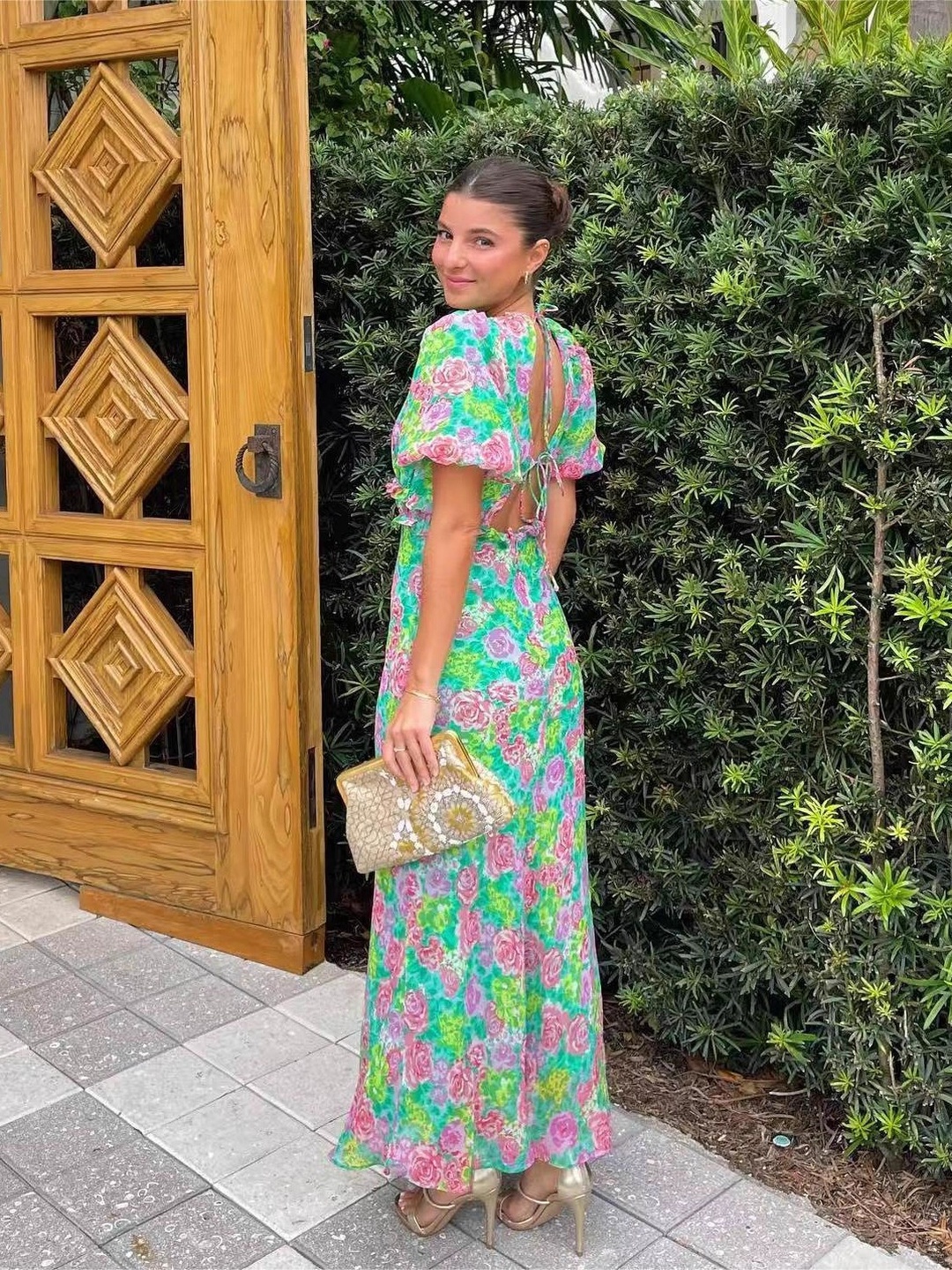 Green Floral Print Puff Sleeve Maxi Dress