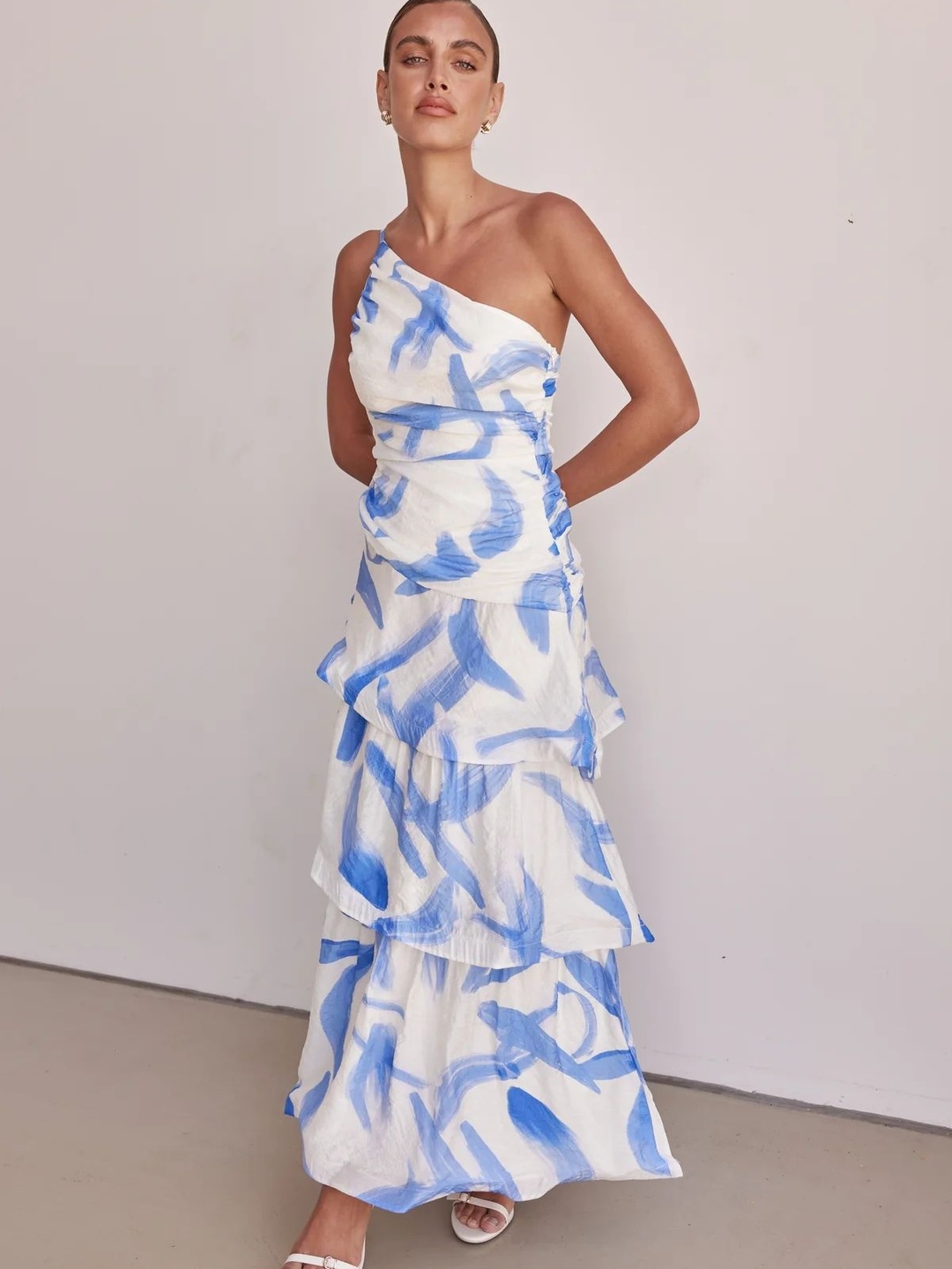 White One Sleeve Layered Maxi Dress