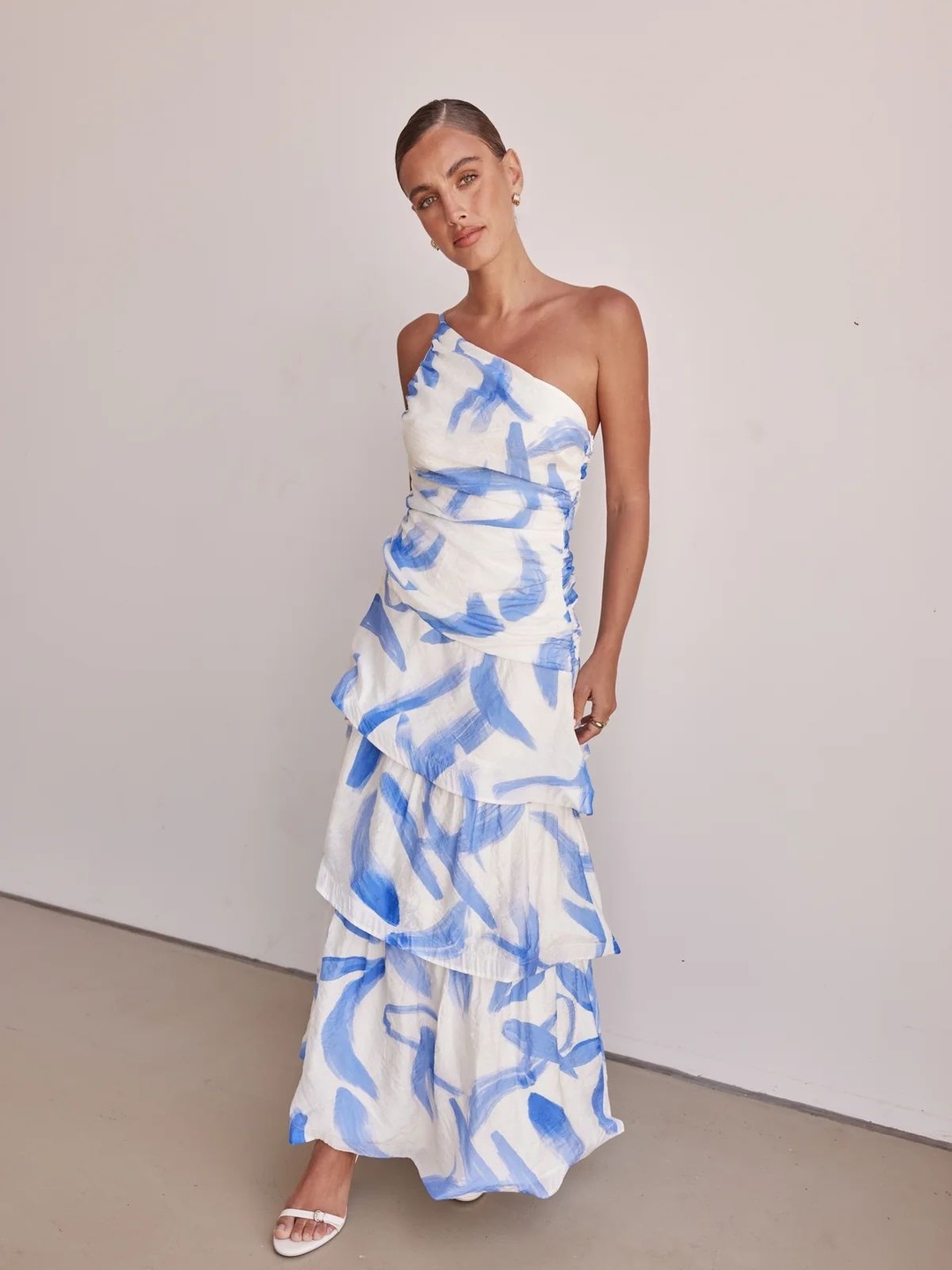White One Sleeve Layered Maxi Dress