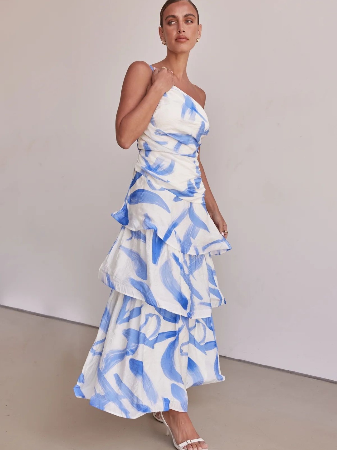 White One Sleeve Layered Maxi Dress