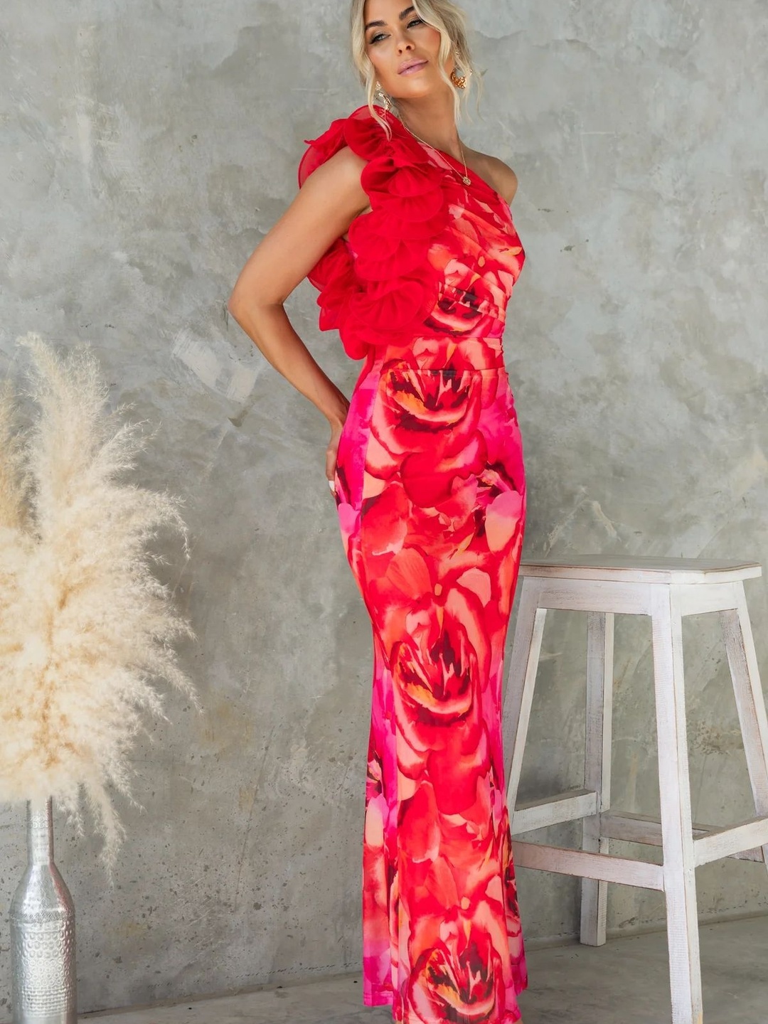 Red Ruffled One Shoulder Maxi Dress
