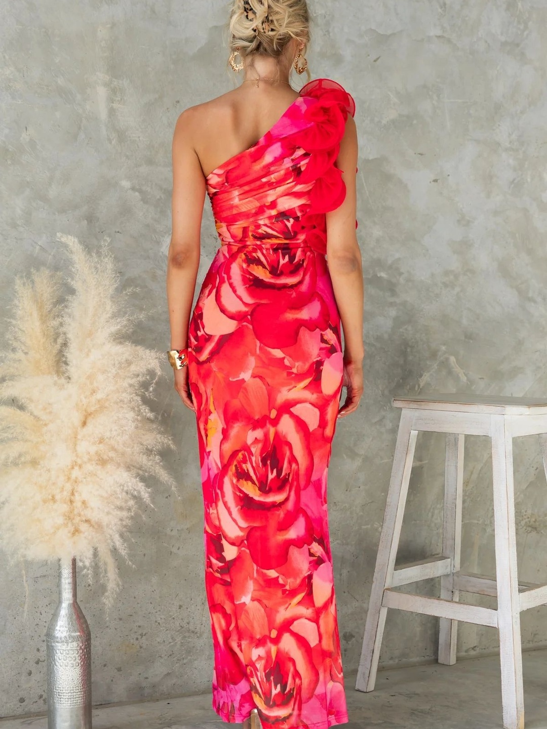 Red Ruffled One Shoulder Maxi Dress