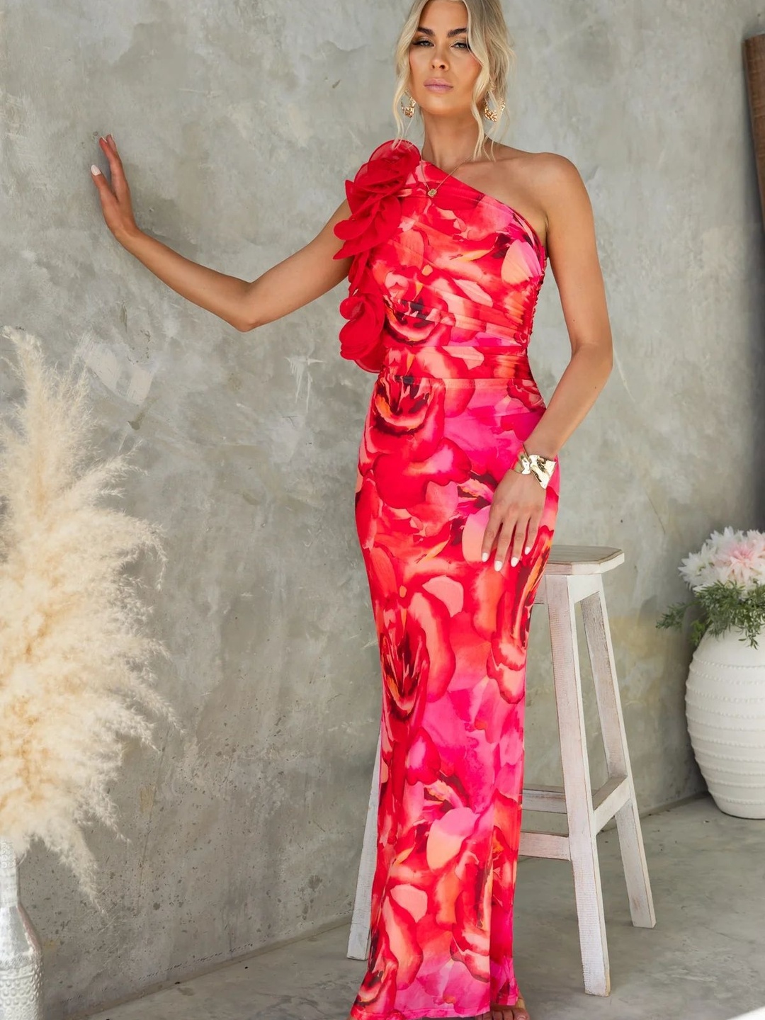 Red Ruffled One Shoulder Maxi Dress