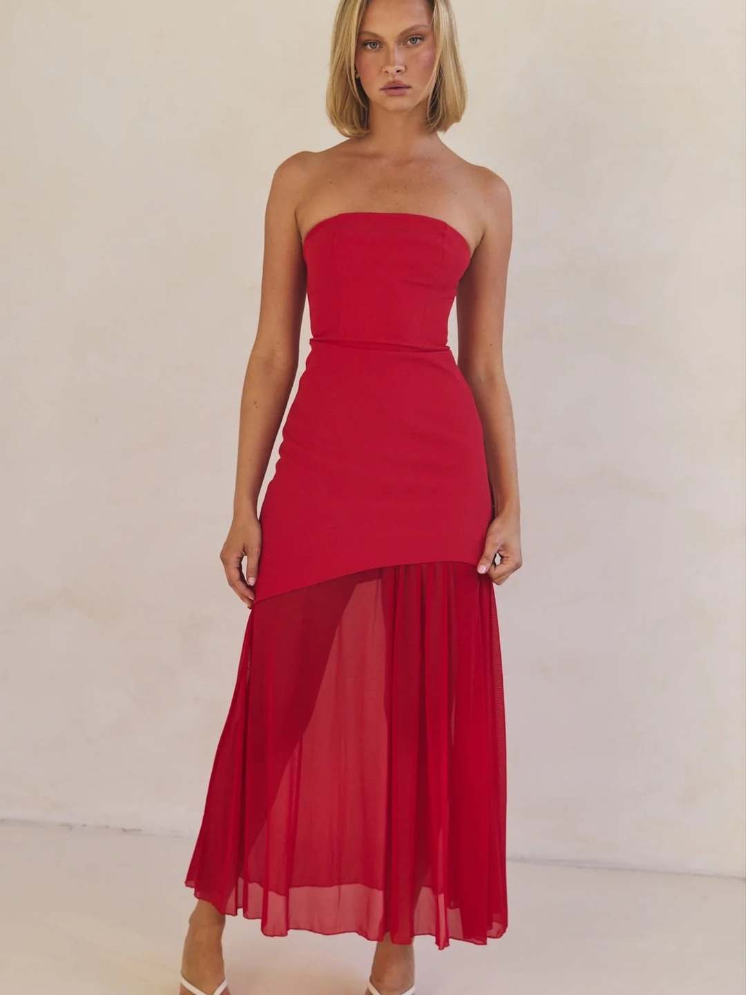 Red Mesh Patchwork Bandeau Maxi Dress