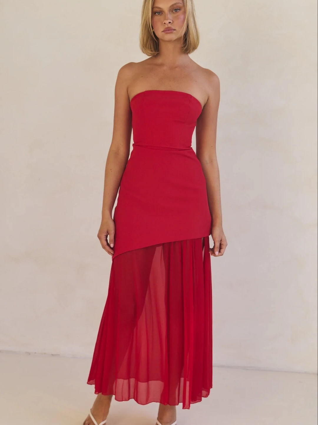 Red Mesh Patchwork Bandeau Maxi Dress