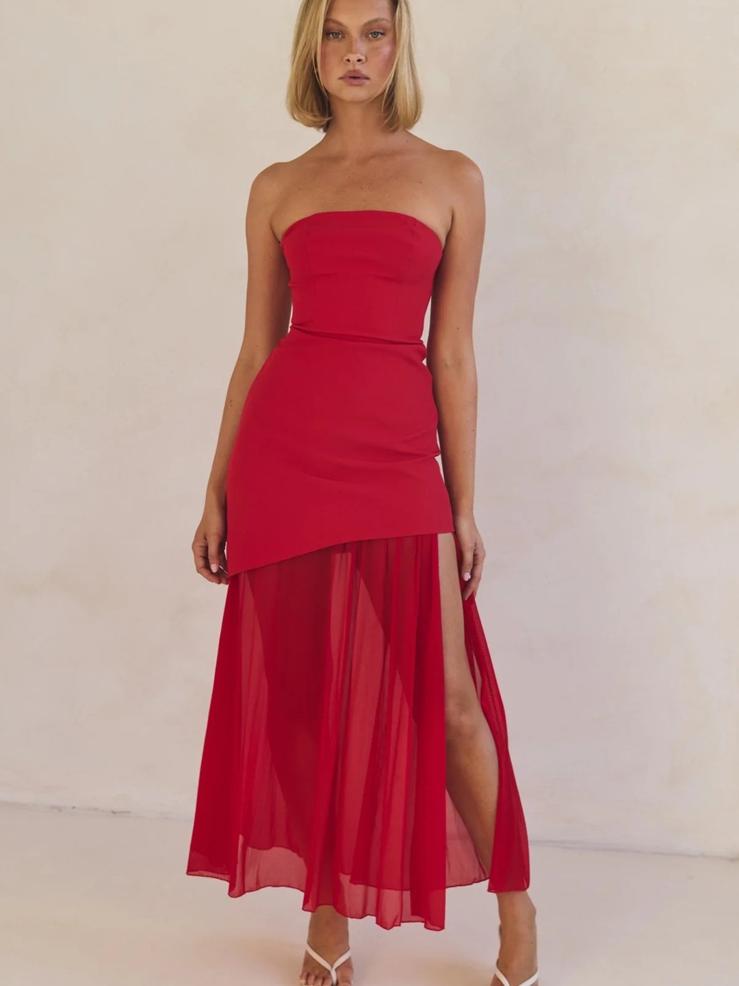 Red Mesh Patchwork Bandeau Maxi Dress
