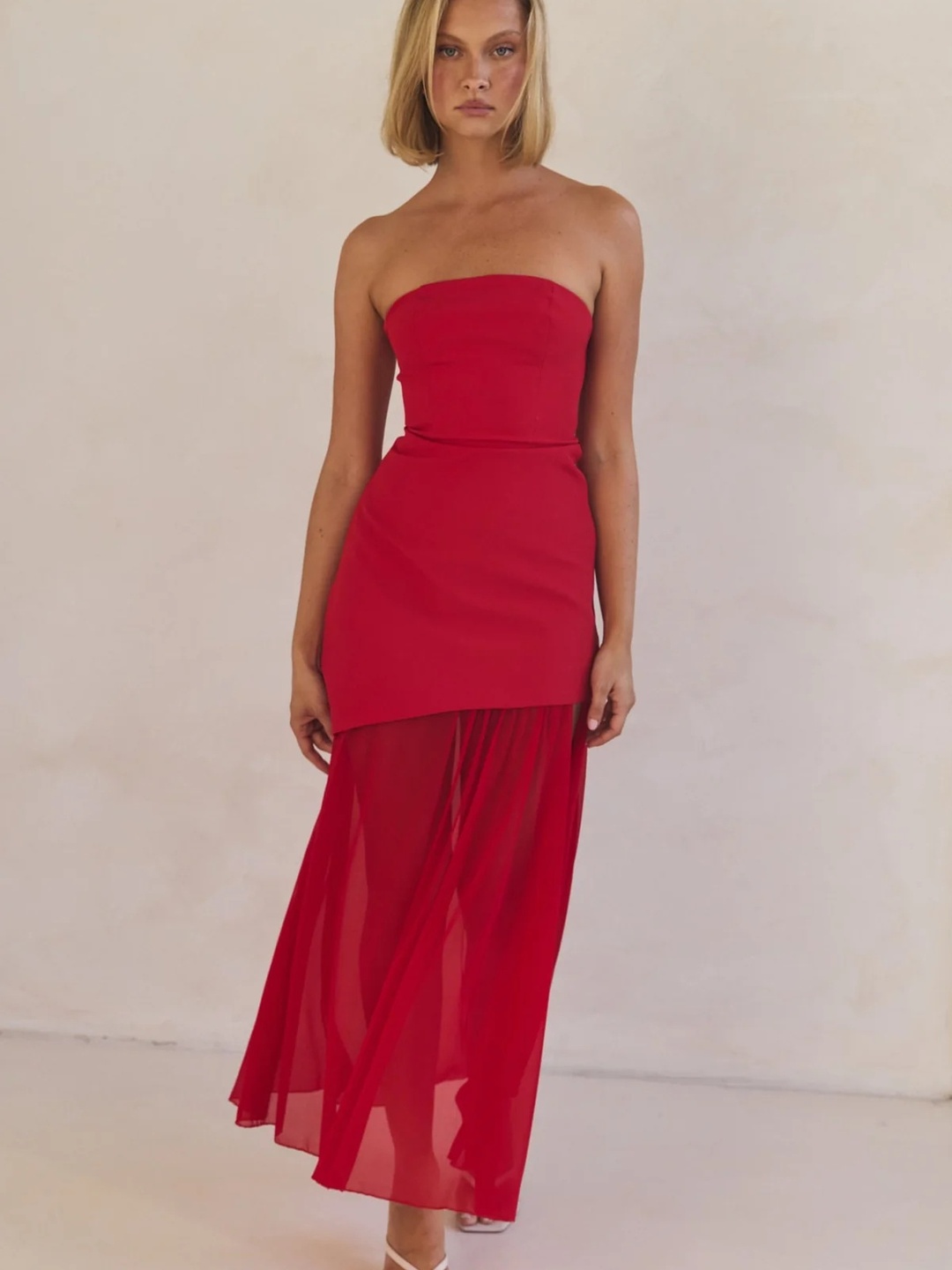 Red Mesh Patchwork Bandeau Maxi Dress