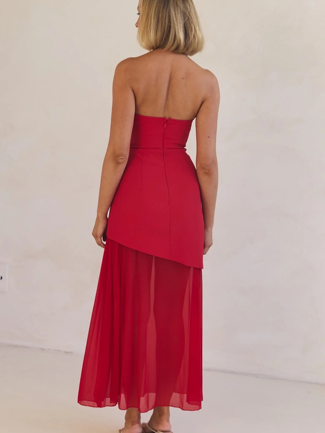 Red Mesh Patchwork Bandeau Maxi Dress