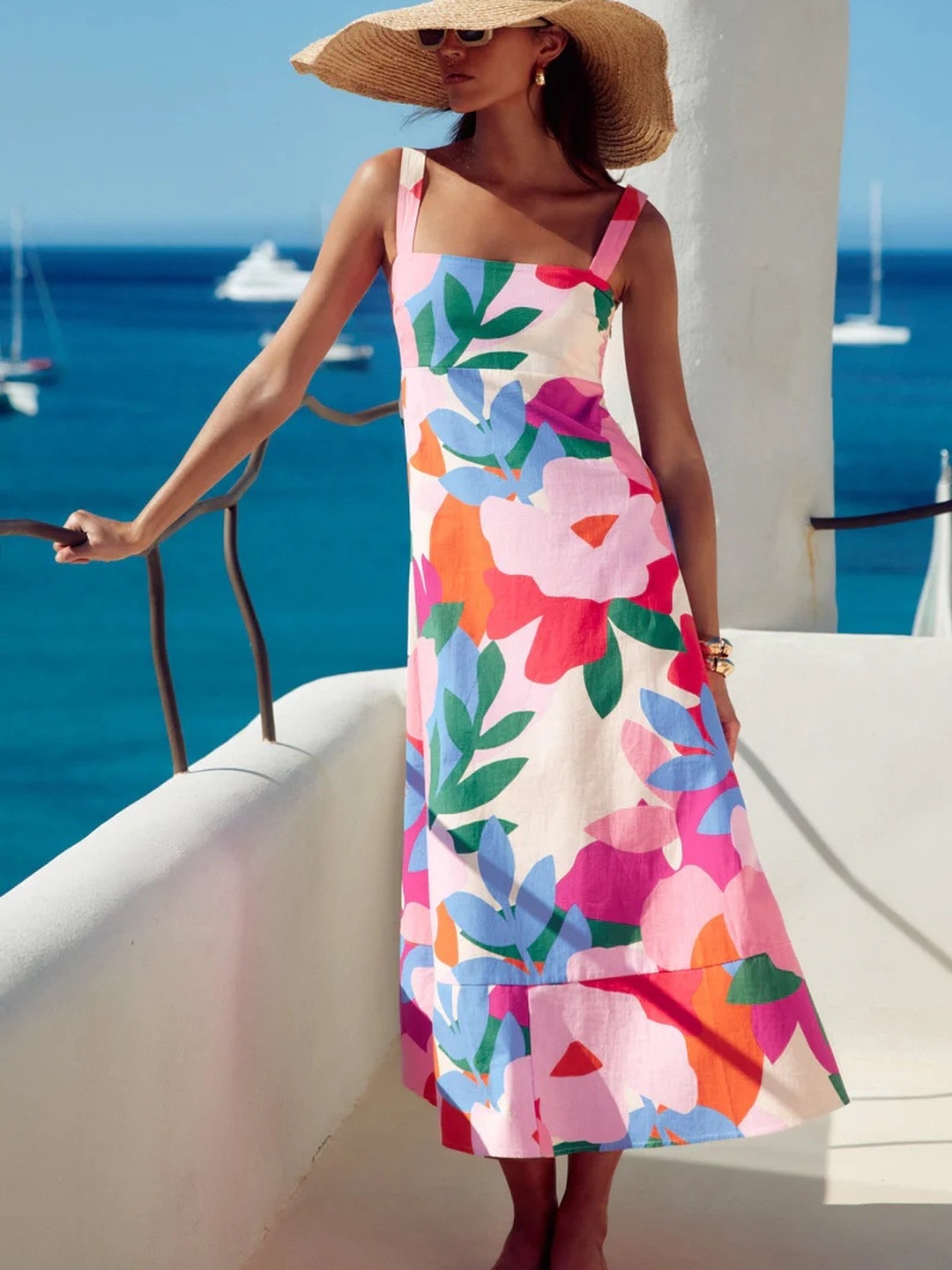 Multi Floral Print Square Neck Maxi Dress