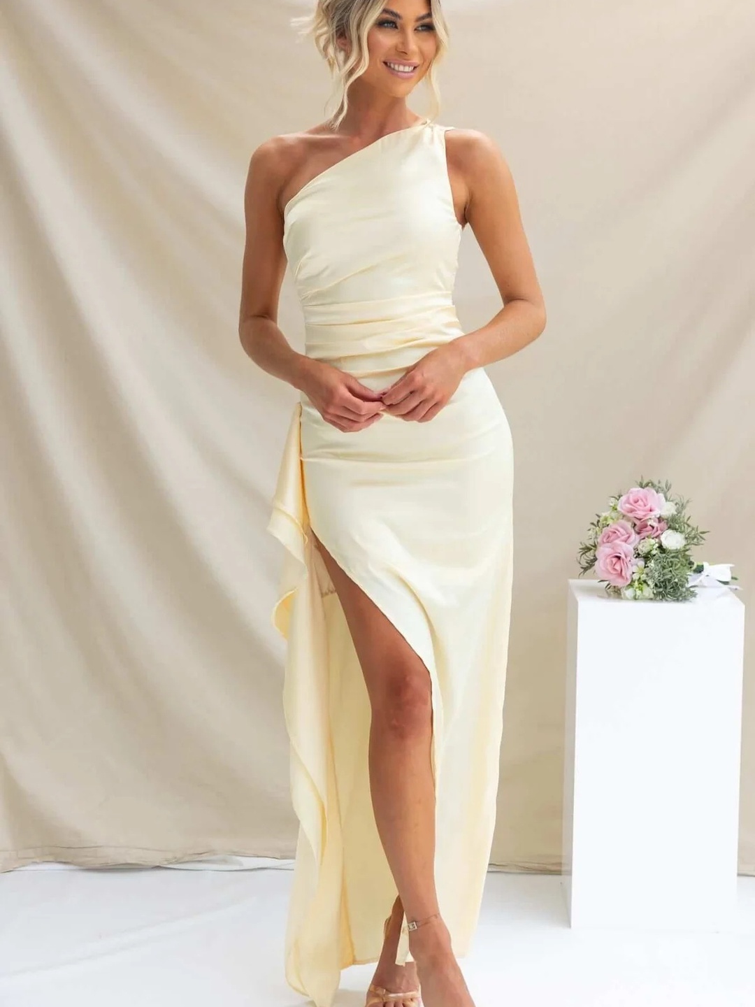 Cream One-Shoulder Maxi Dress with High Slit