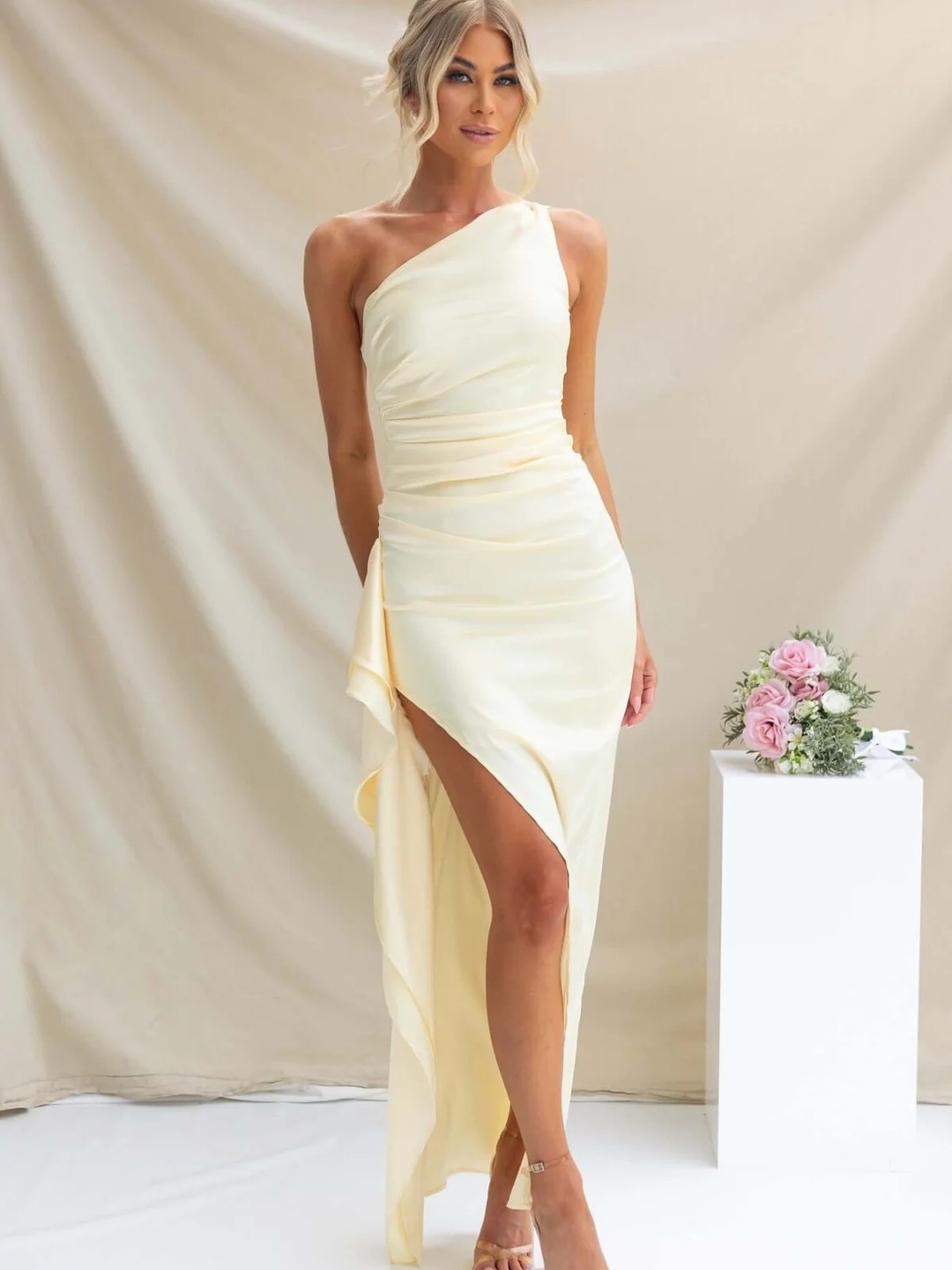 Cream One-Shoulder Maxi Dress with High Slit