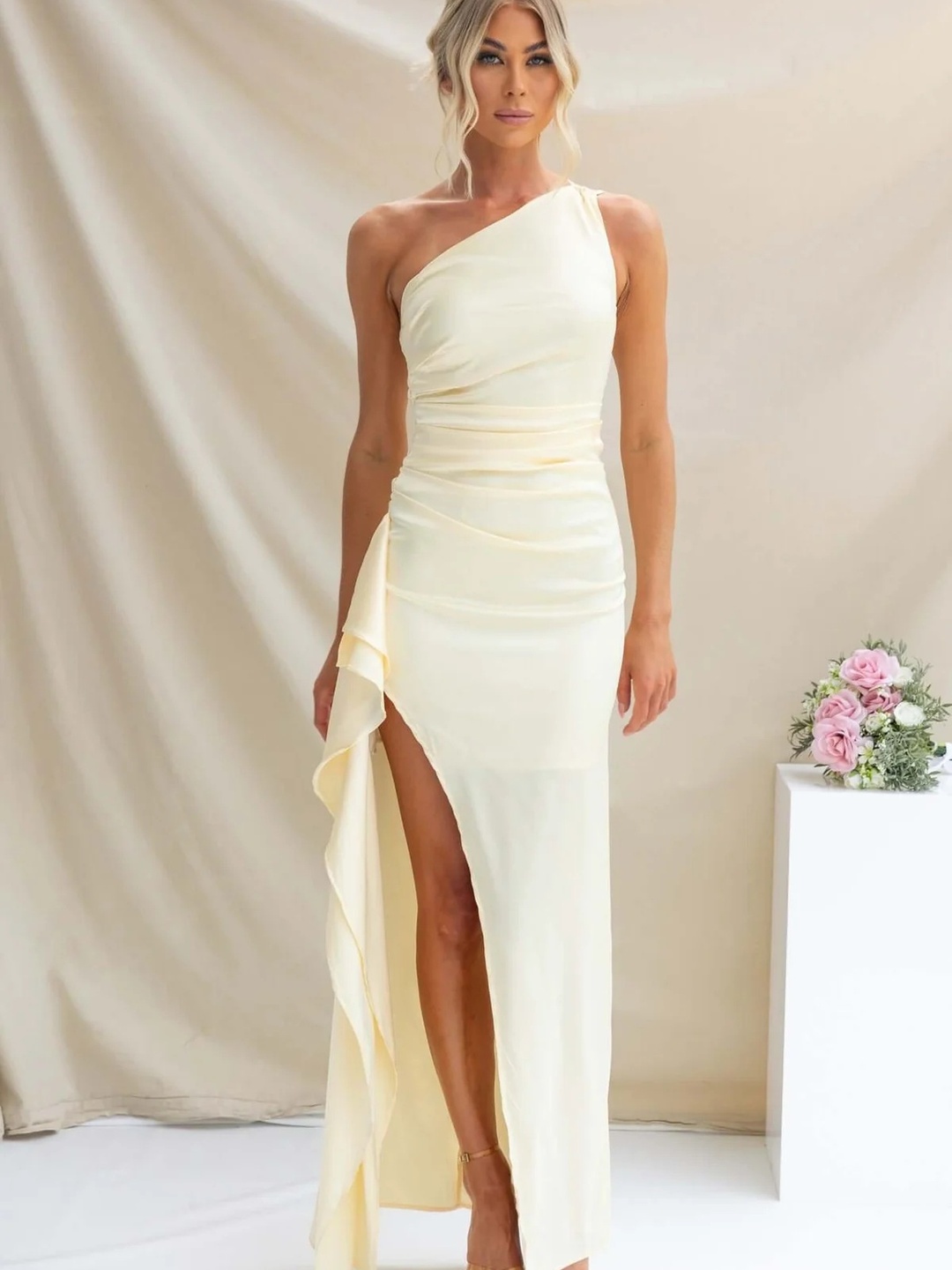 Cream One-Shoulder Maxi Dress with High Slit
