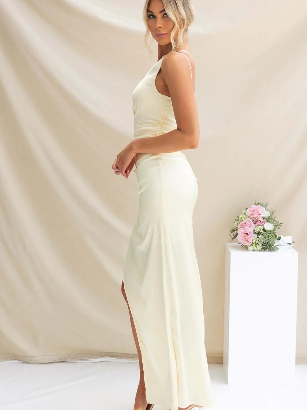 Cream One-Shoulder Maxi Dress with High Slit