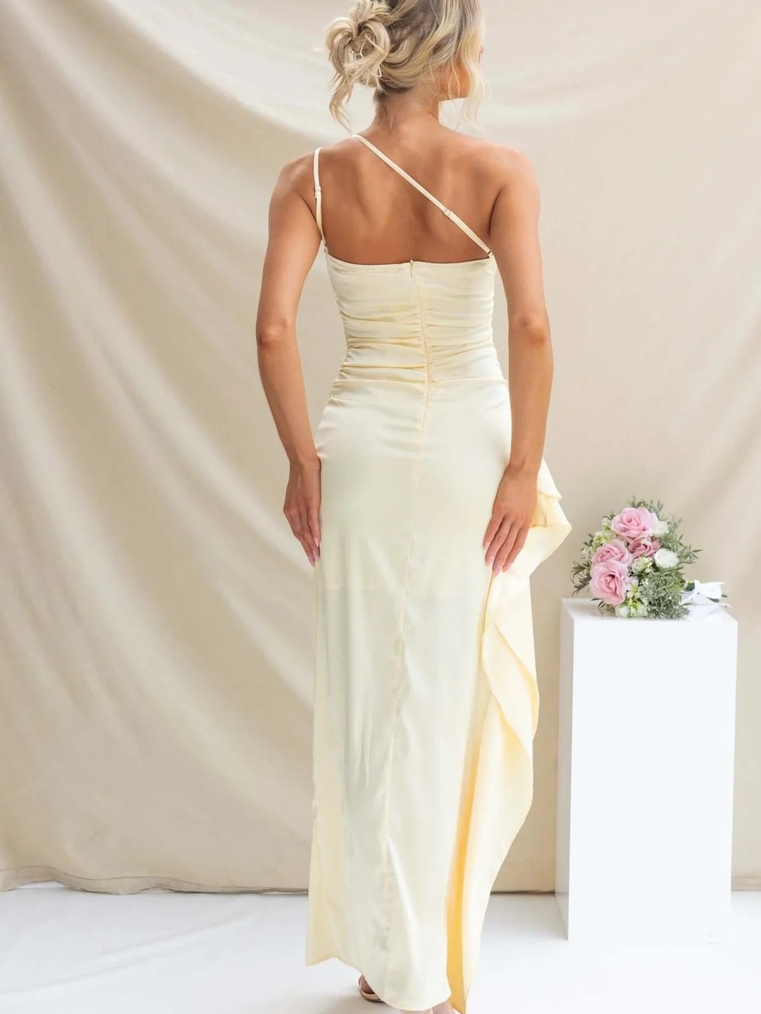 Cream One-Shoulder Maxi Dress with High Slit