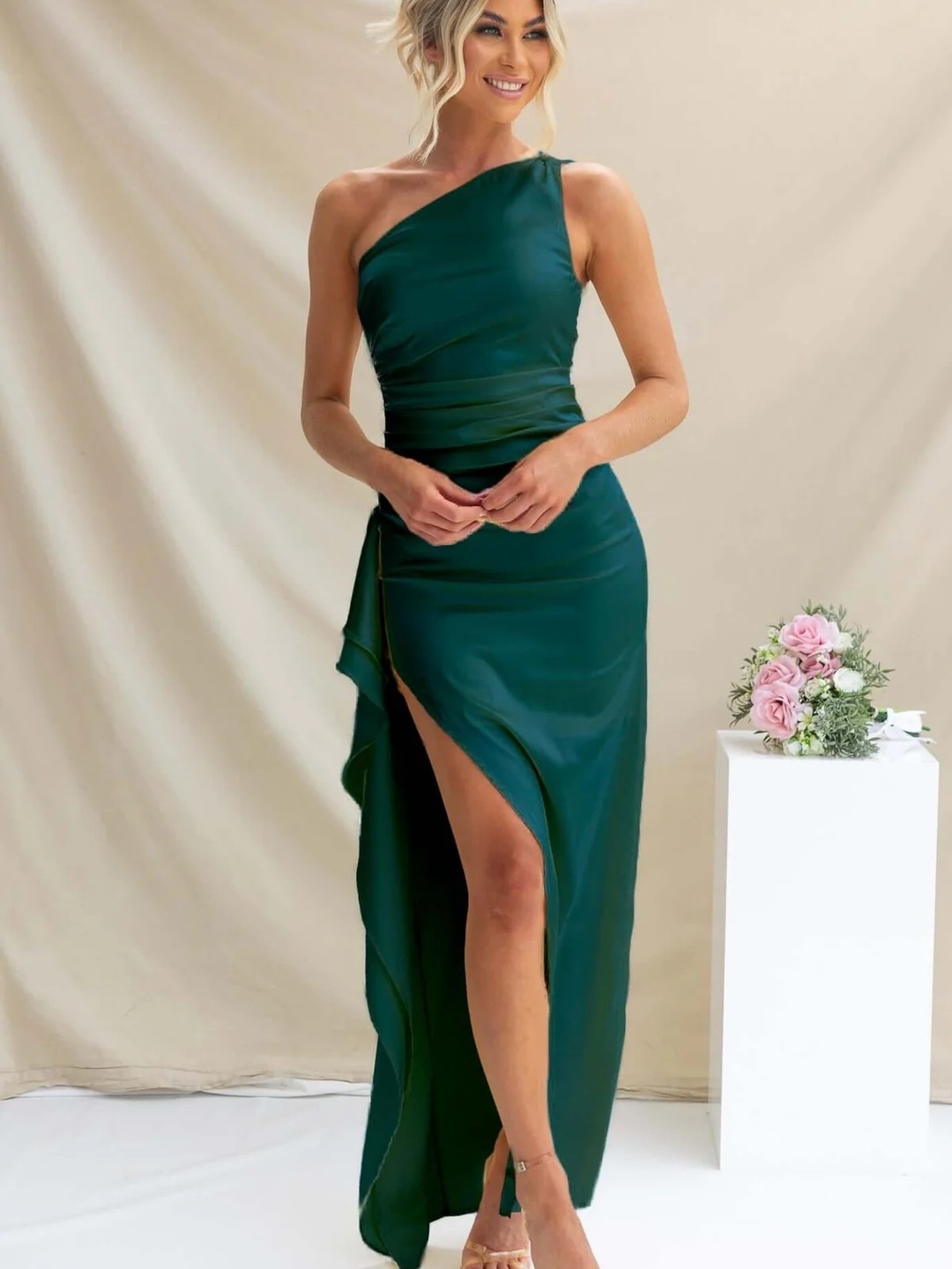 Green One-Shoulder Maxi Dress with High Slit