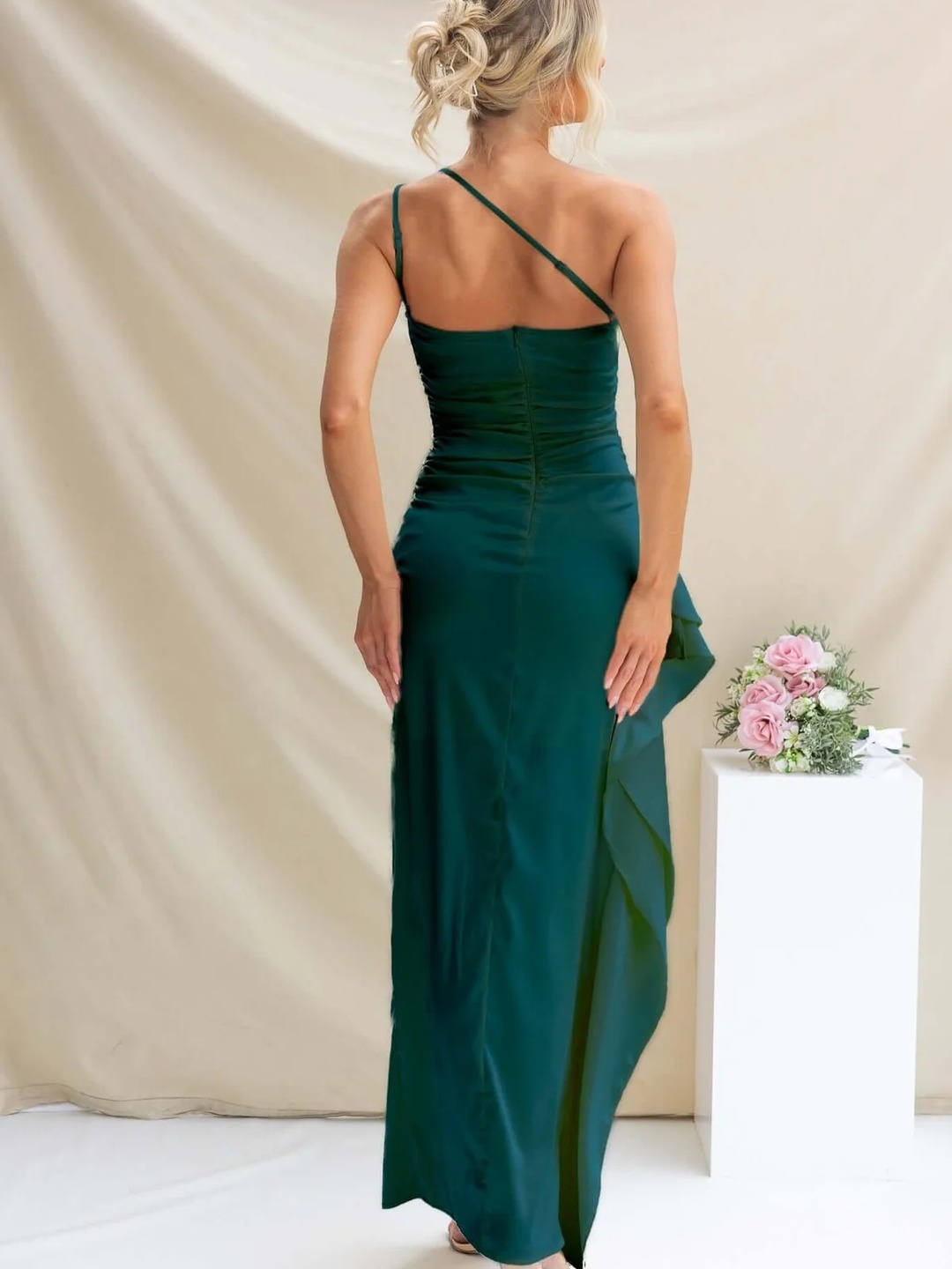 Green One-Shoulder Maxi Dress with High Slit