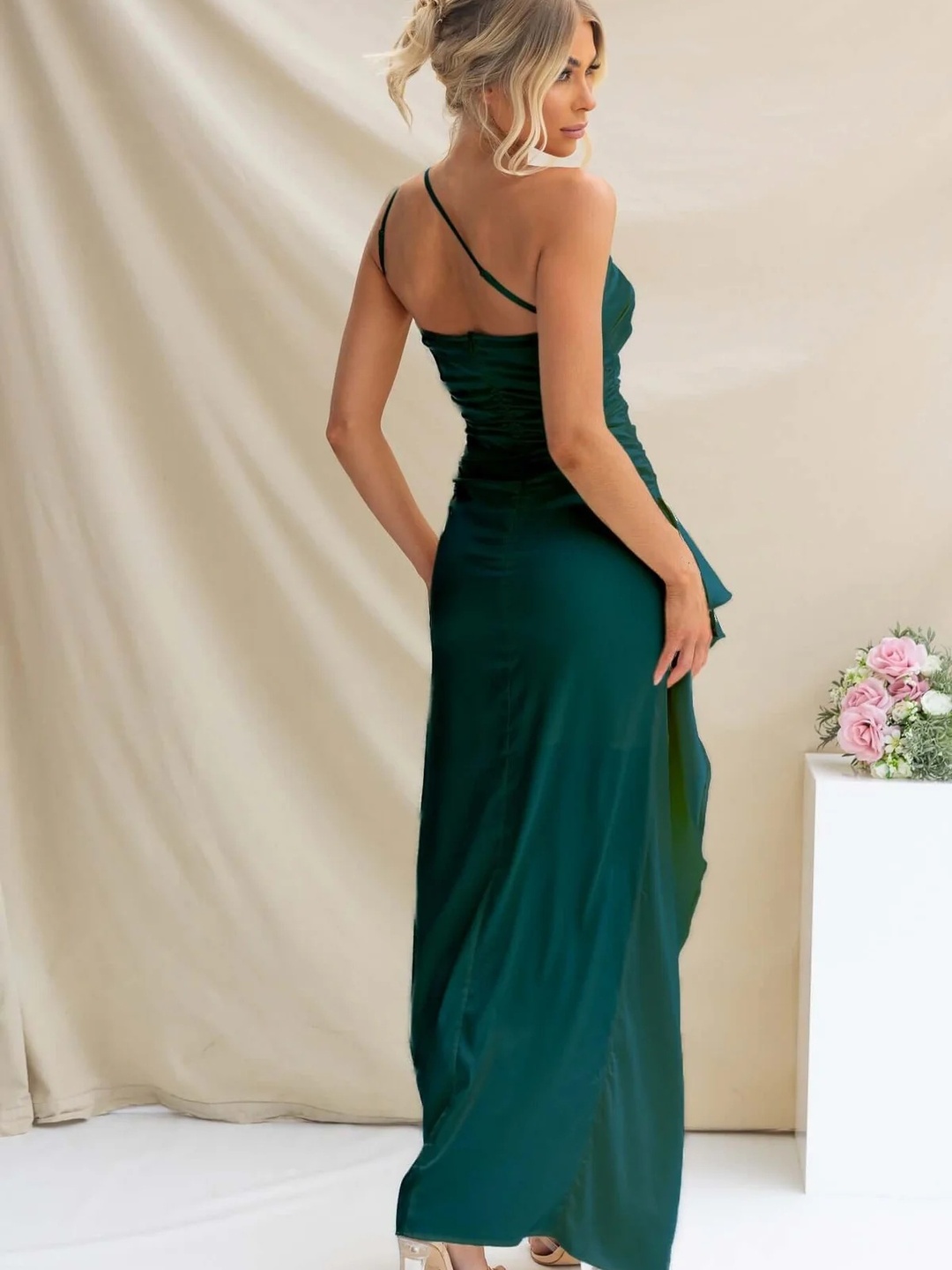 Green One-Shoulder Maxi Dress with High Slit