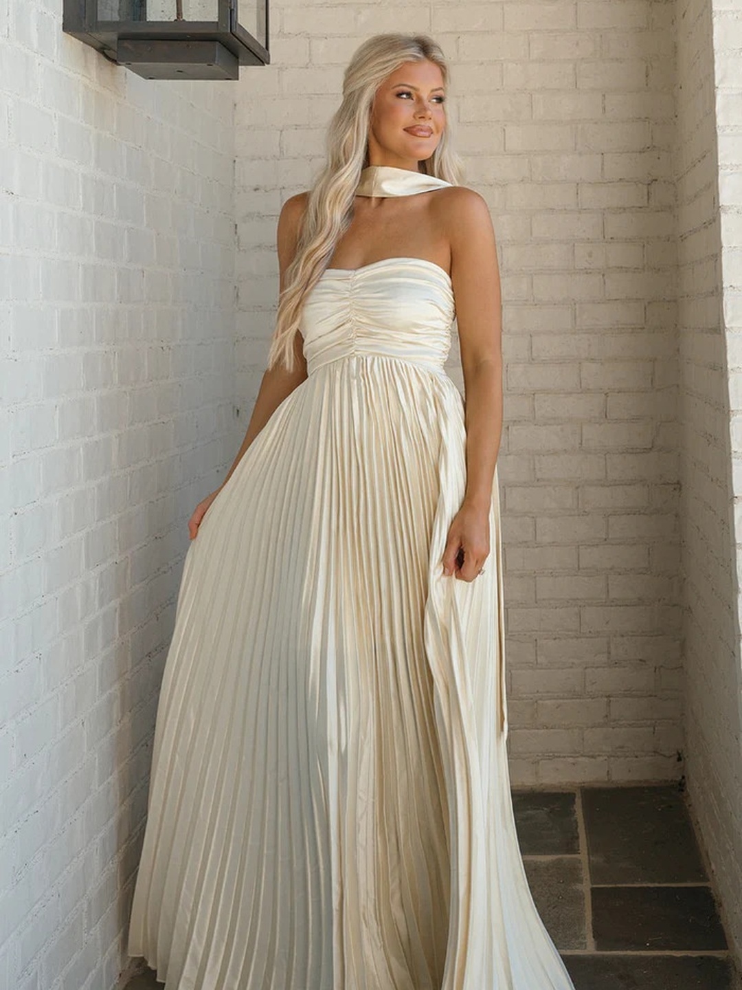 White Pleated Bandeau Maxi Dress