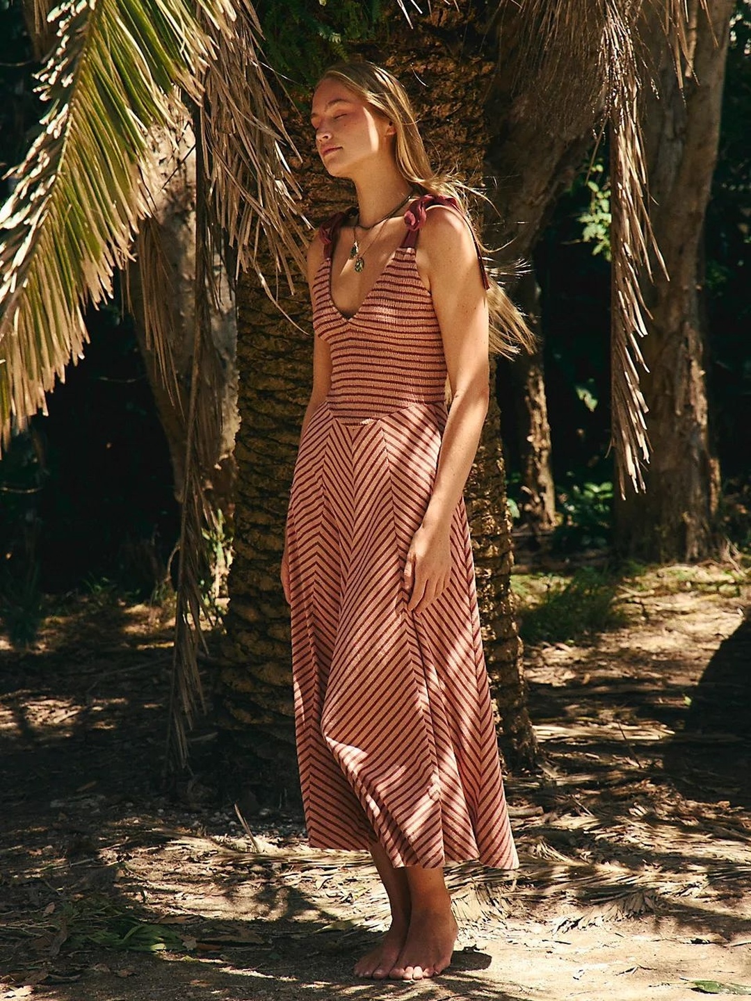 Brown Striped V Neck A-Line Midi Dress