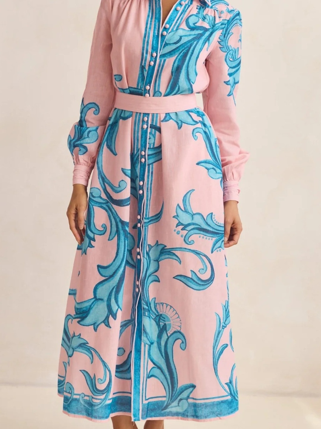 Pink Baroque Print Shirt Maxi Dress