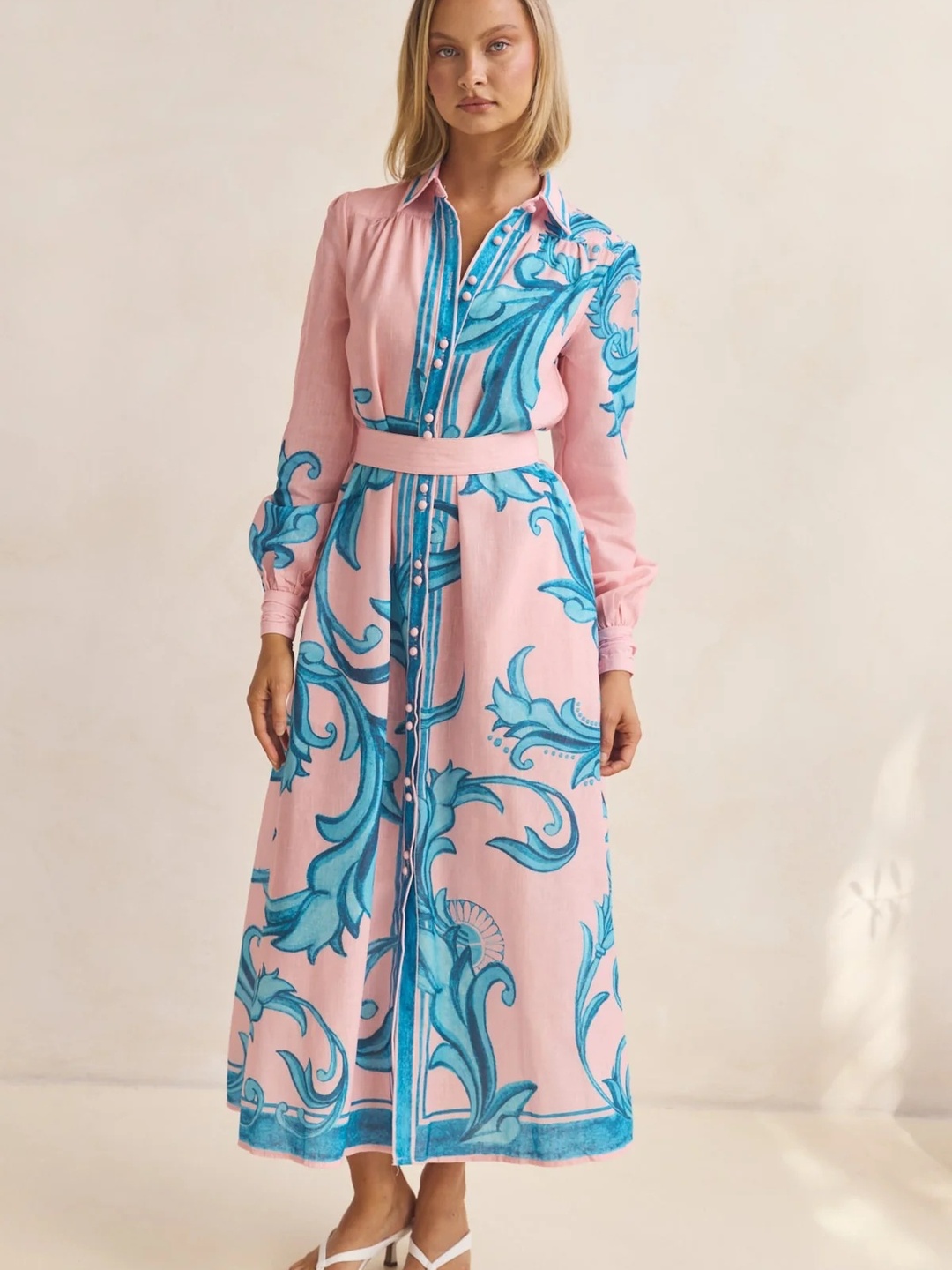Pink Baroque Print Shirt Maxi Dress