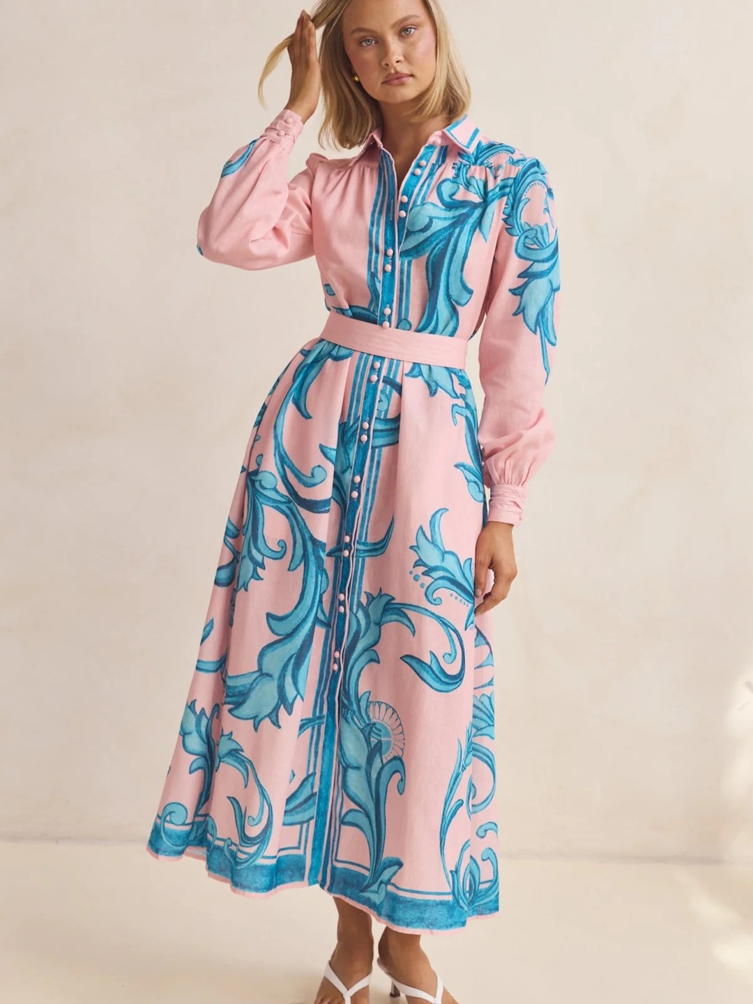 Pink Baroque Print Shirt Maxi Dress