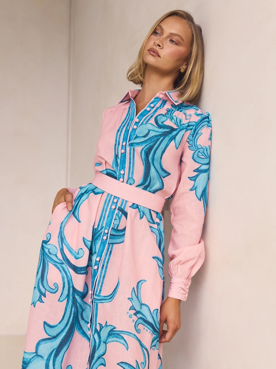Pink Baroque Print Shirt Maxi Dress