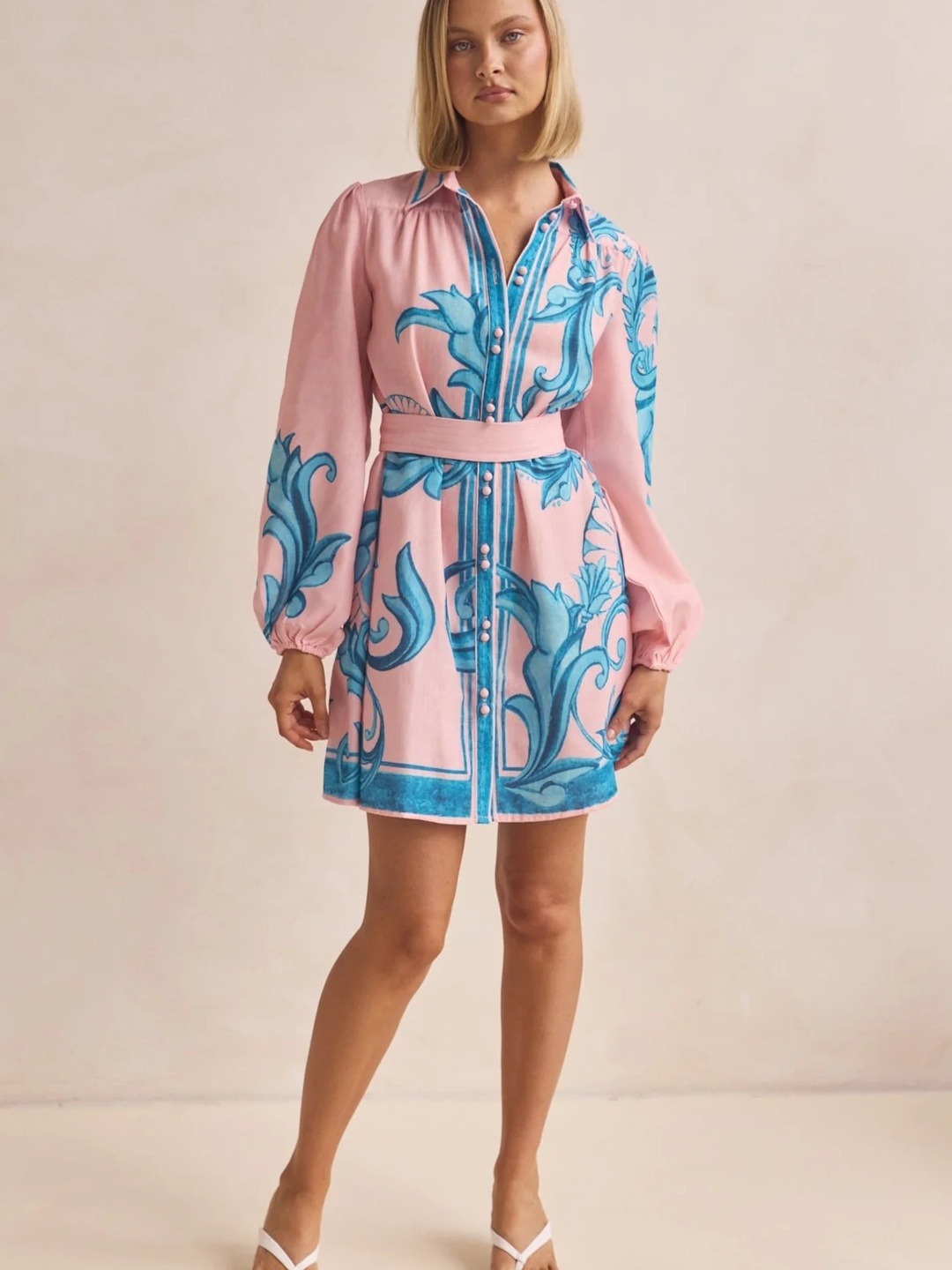 Pink Baroque Print Shirt Mini Dress