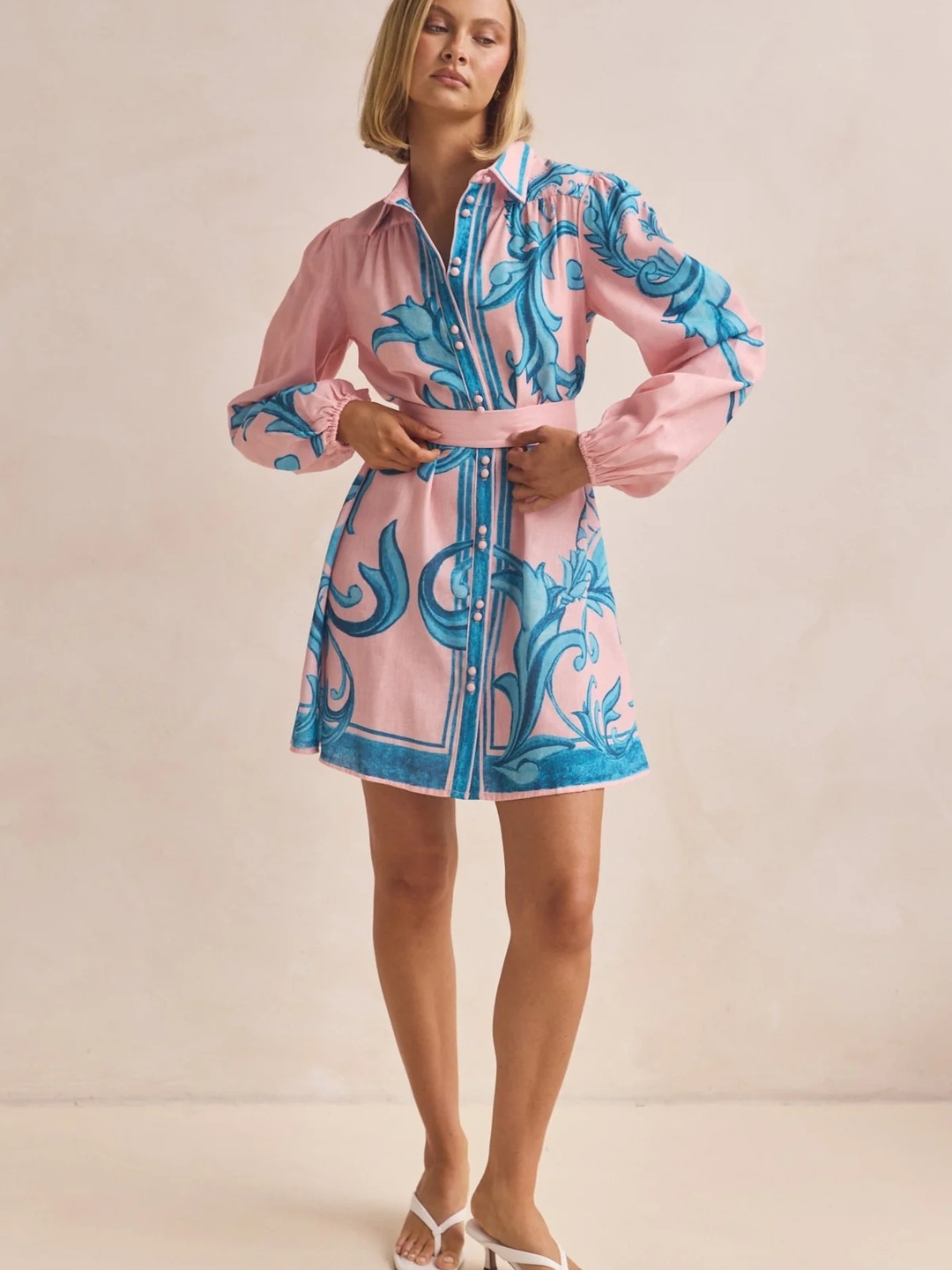 Pink Baroque Print Shirt Mini Dress