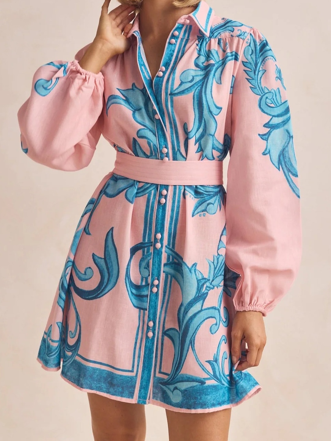 Pink Baroque Print Shirt Mini Dress