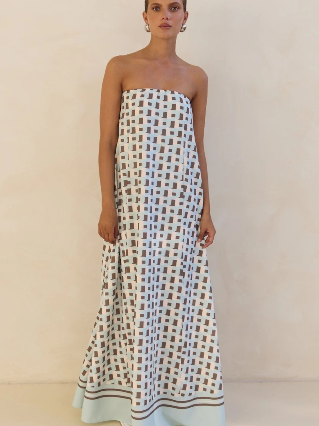 White Geo Print Bandeau Maxi Dress