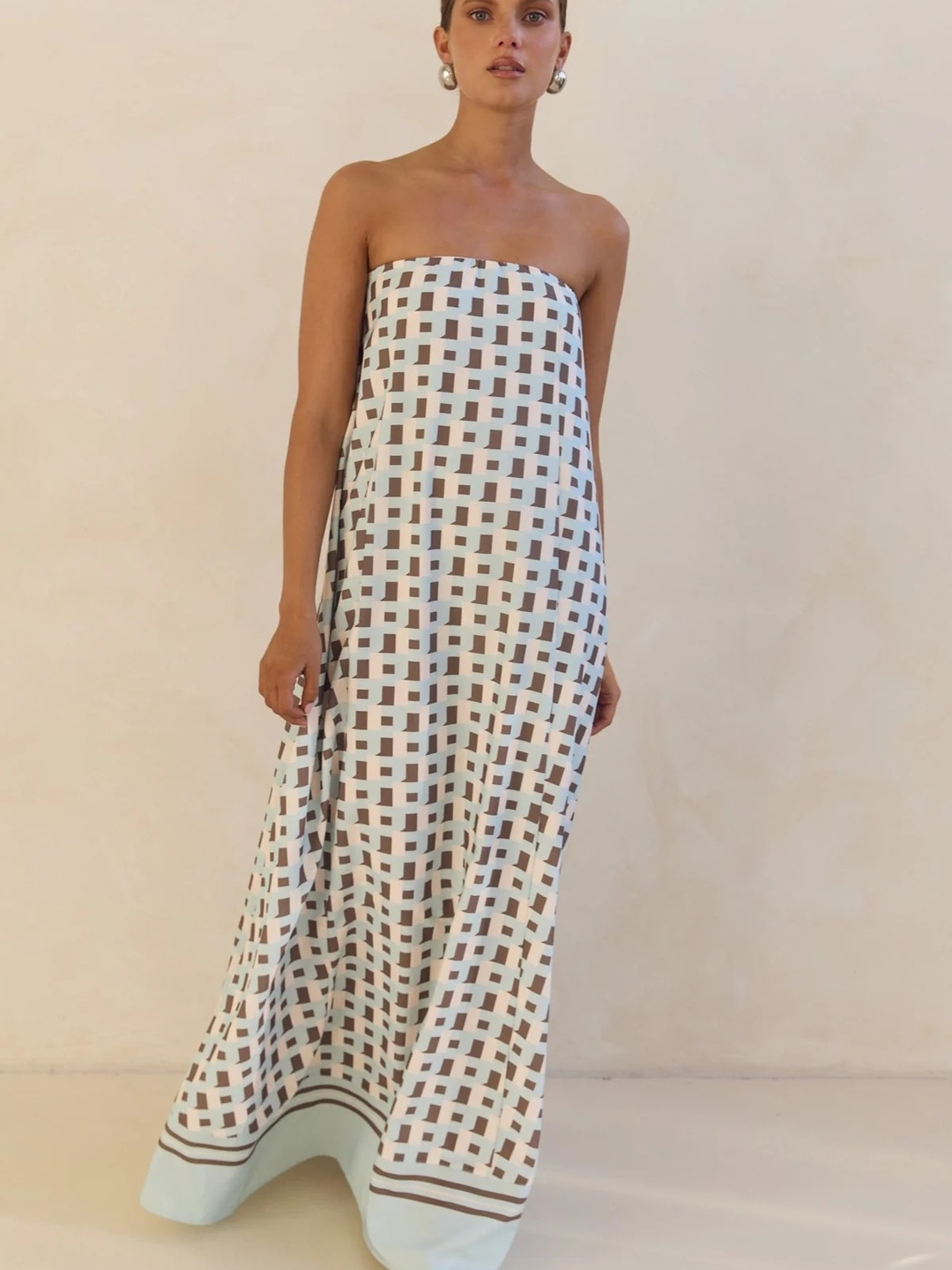 White Geo Print Bandeau Maxi Dress