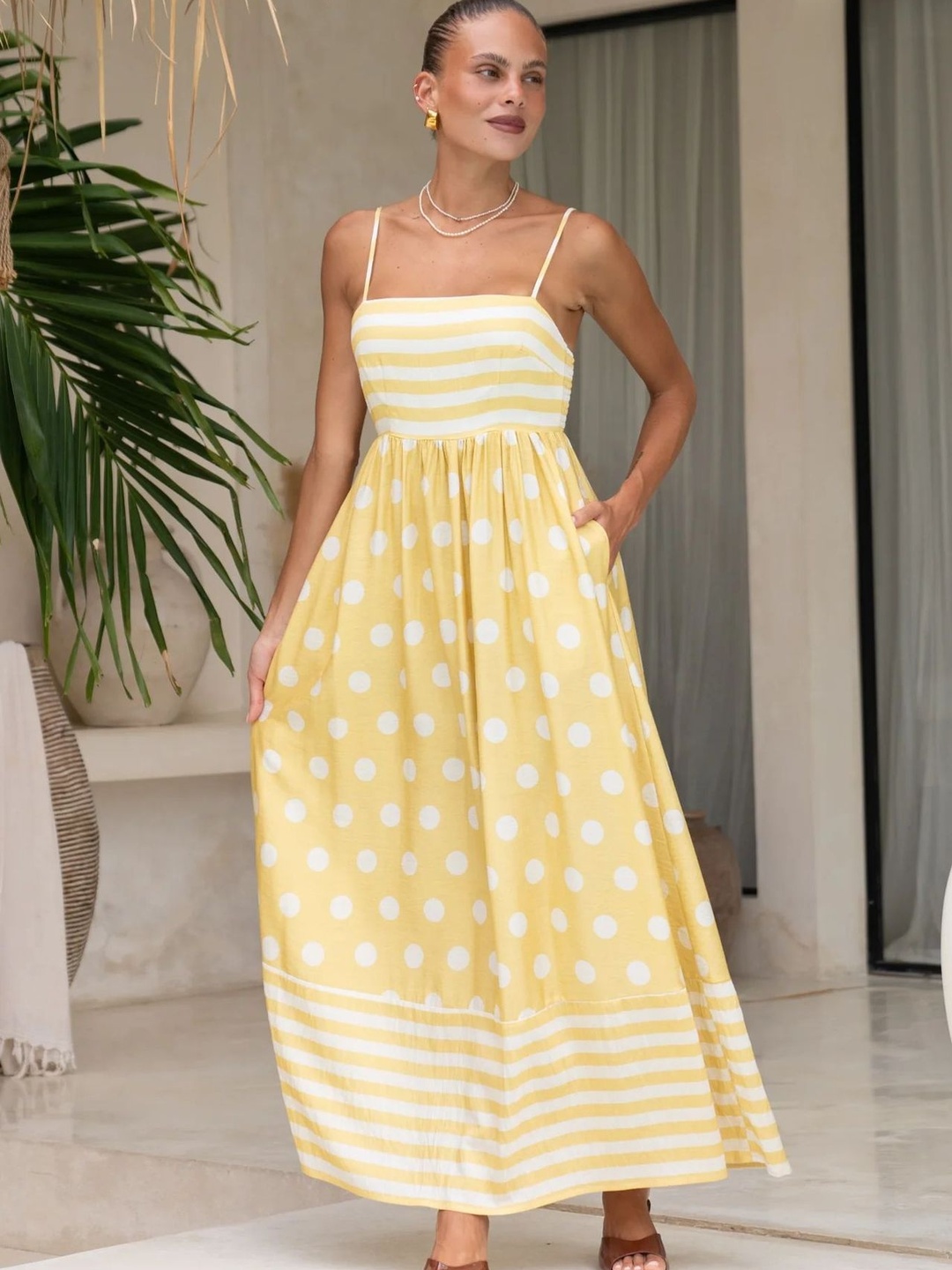 Yellow Polka Dot Pocketed A-Line Maxi Dress