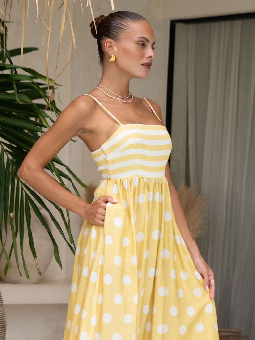 Yellow Polka Dot Pocketed A-Line Maxi Dress