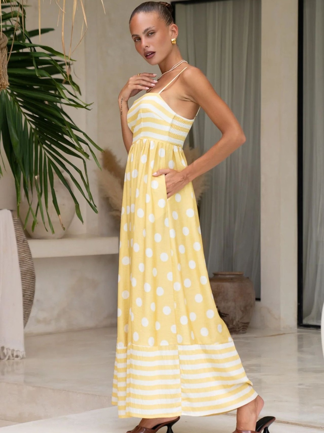 Yellow Polka Dot Pocketed A-Line Maxi Dress